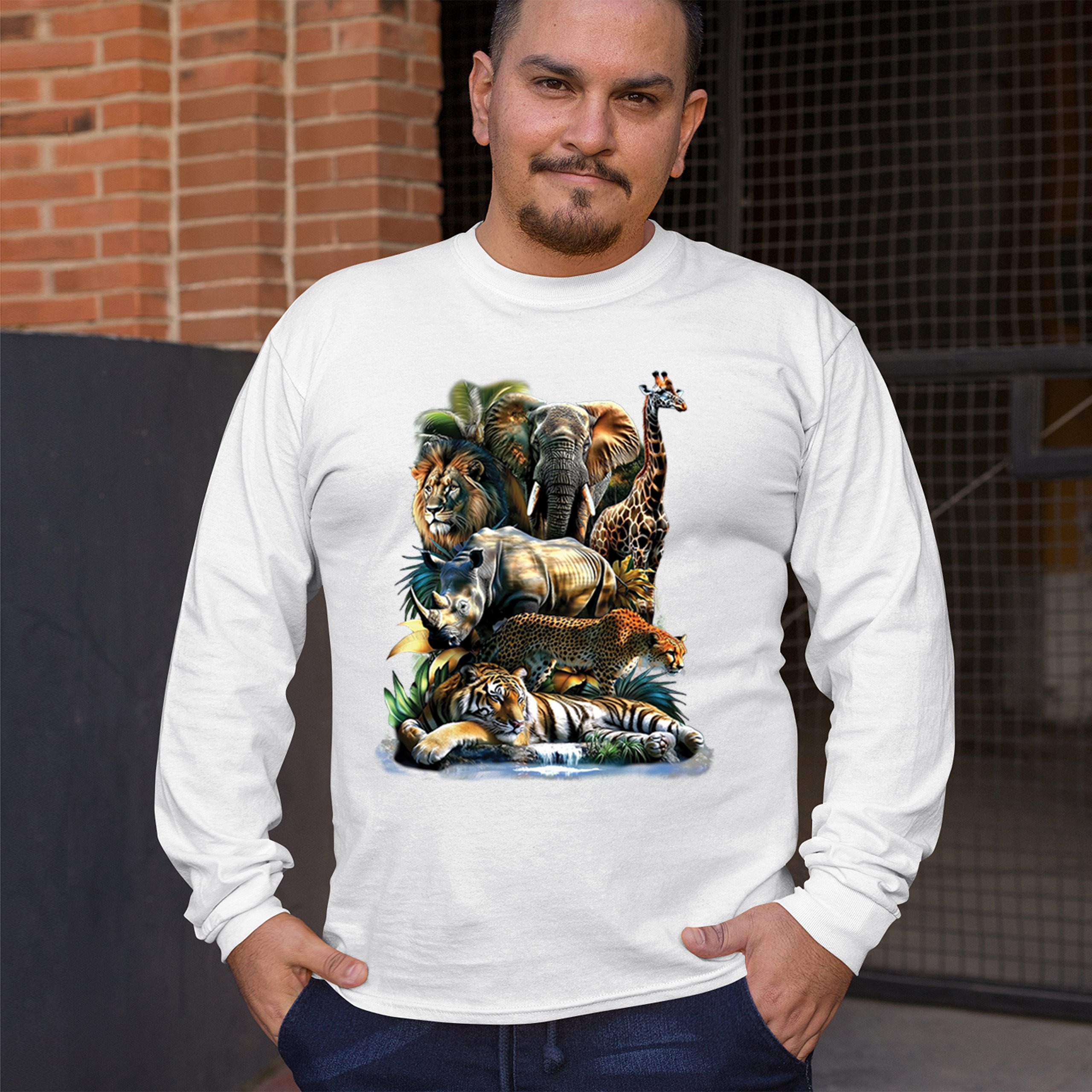 Exotic Collage Long Sleeve T-shirt Jungle Safari Animal Wild Nature Lion Tiger - 第 33/78 張圖片