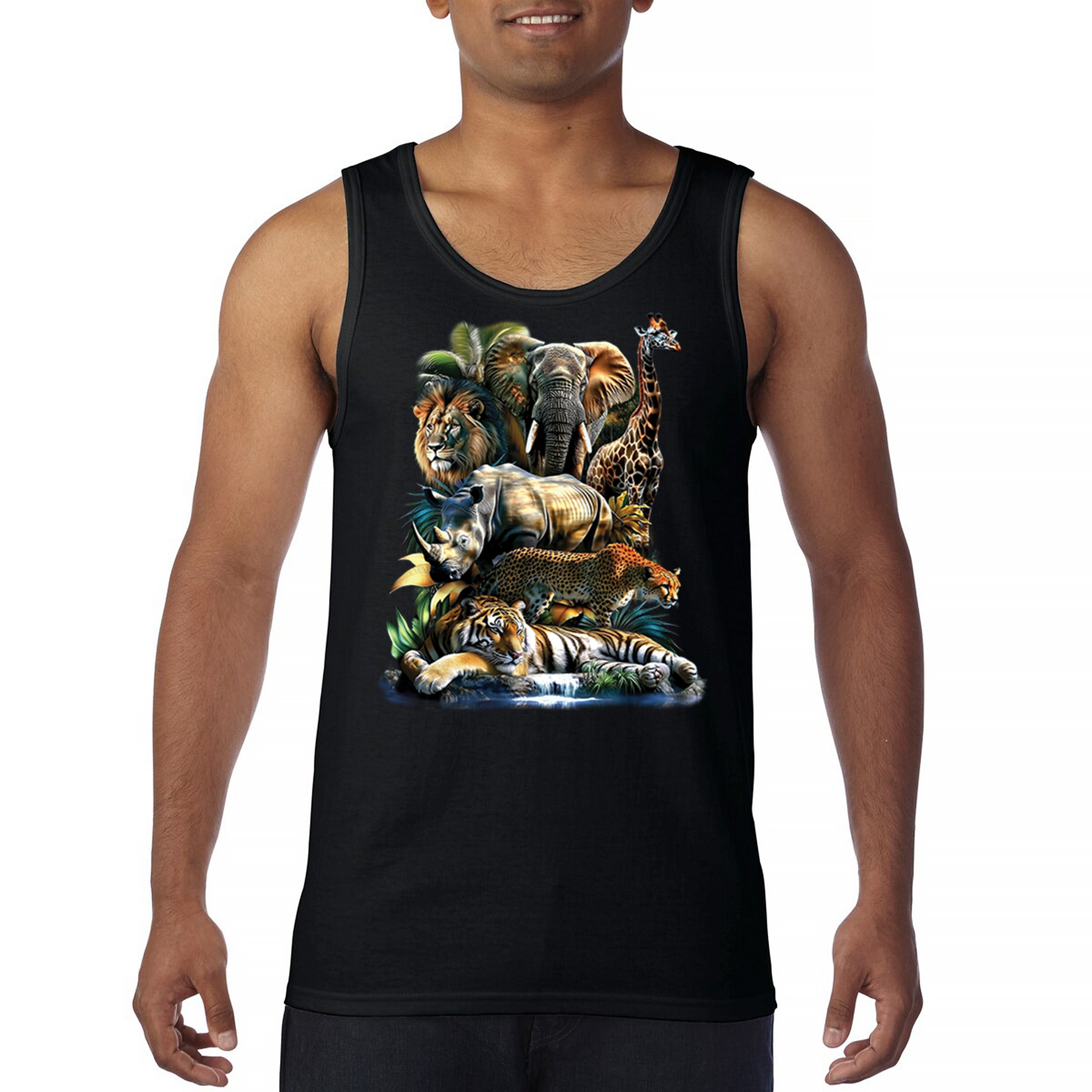 Exotic Collage Tank Top Jungle Safari Animal Wild Nature Lion Tiger Men’s Top