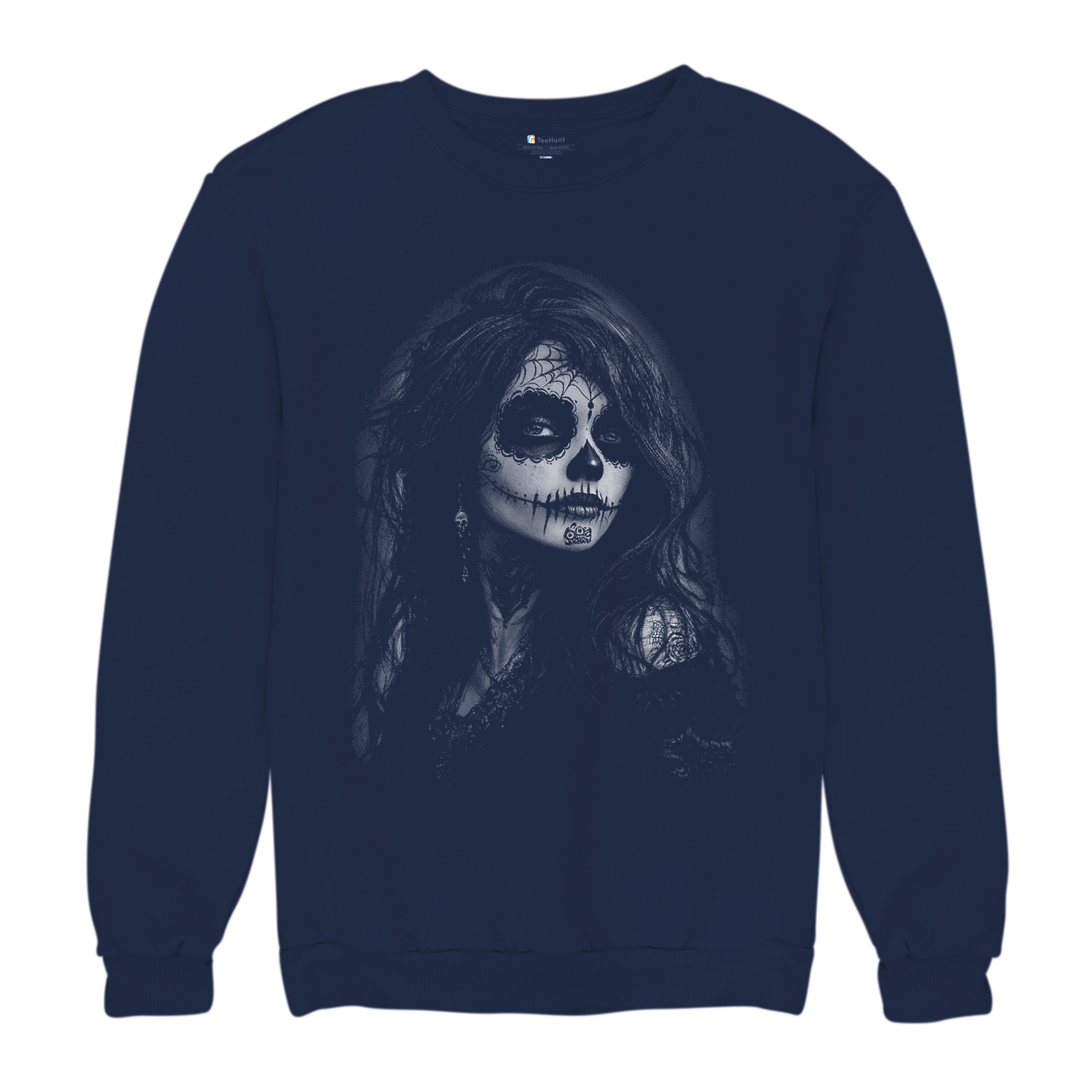 Web Sugar Skull Sweatshirt Monochrome Gothic Beauty Dia de Los Muertos Crewneck - Picture 13 of 15