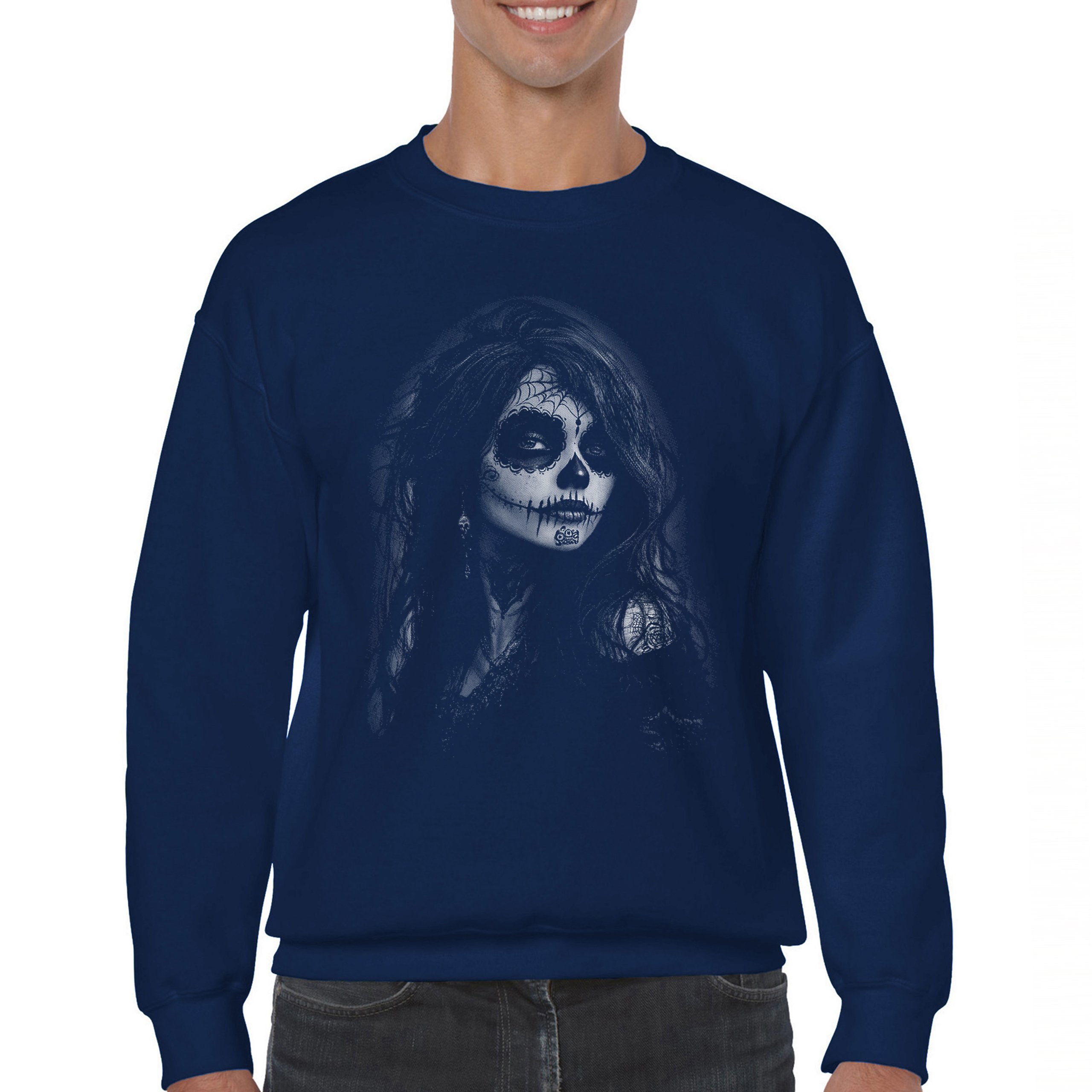 Web Sugar Skull Sweatshirt Monochrome Gothic Beauty Dia de Los Muertos Crewneck - Picture 9 of 15