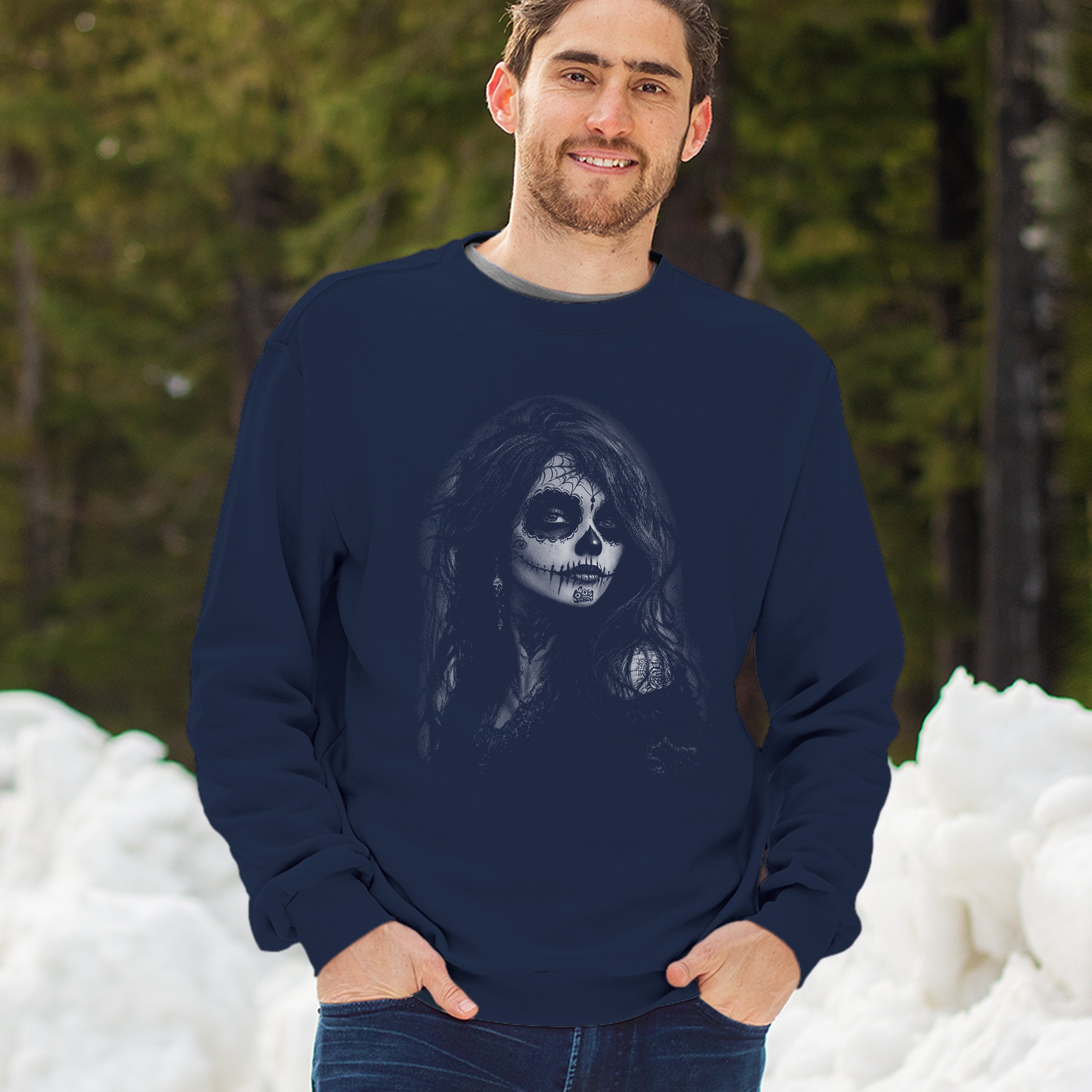 Web Sugar Skull Sweatshirt Monochrome Gothic Beauty Dia de Los Muertos Crewneck - Picture 12 of 15