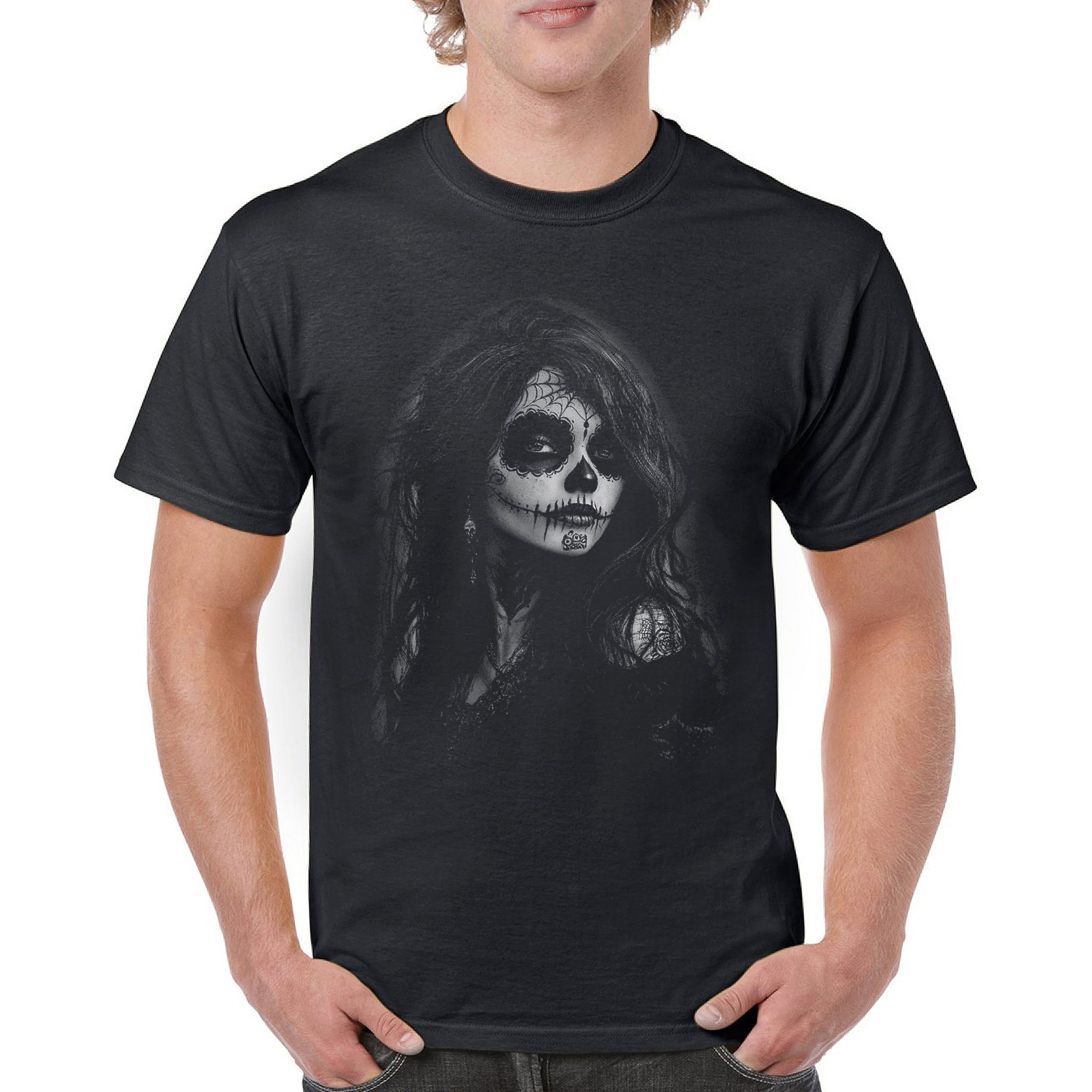 Web Sugar Skull T-shirt Monochrome Gothic Beauty Dia de Los Muertos Men's Tee - Picture 2 of 29