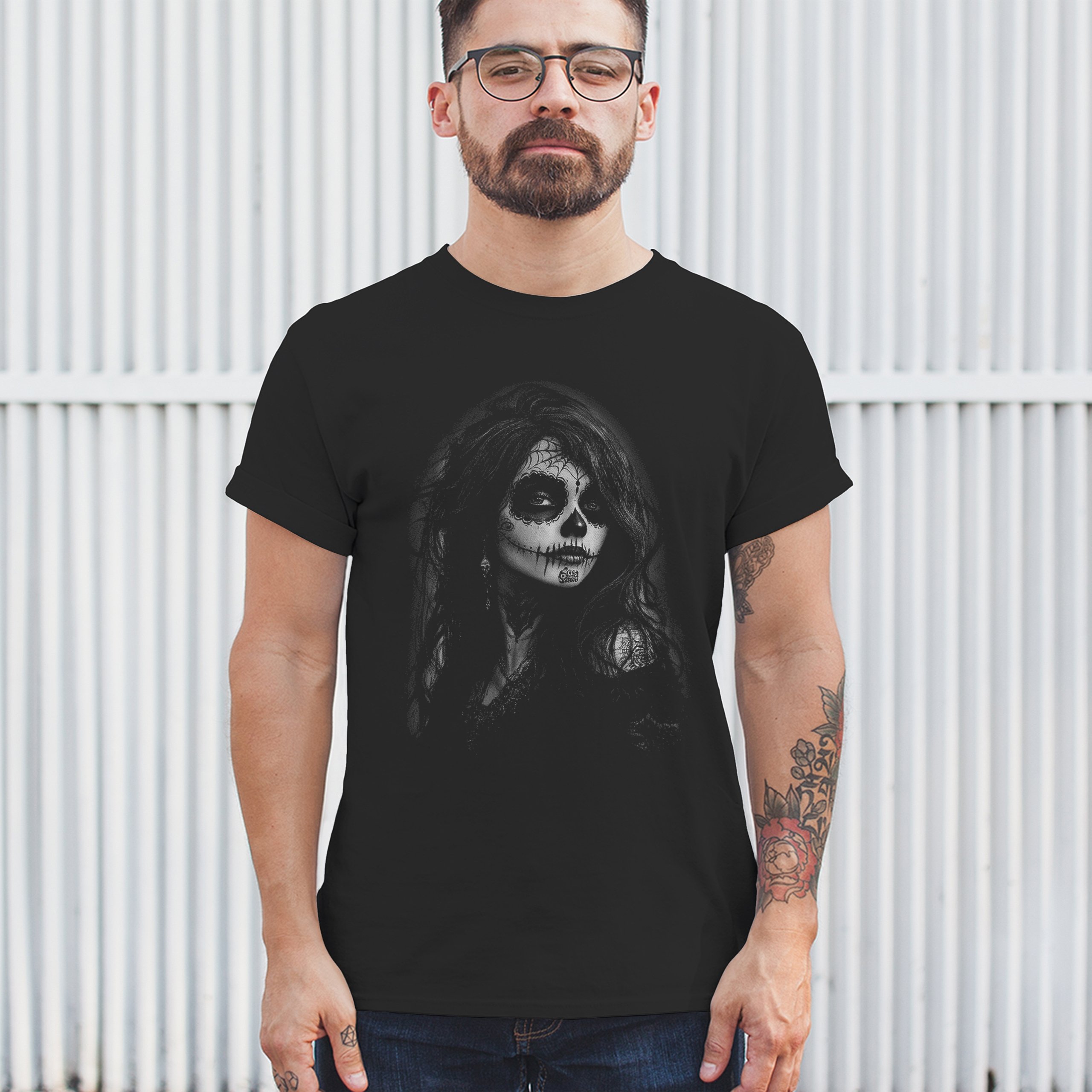 Web Sugar Skull T-shirt Monochrome Gothic Beauty Dia de Los Muertos Men's Tee - Picture 5 of 29