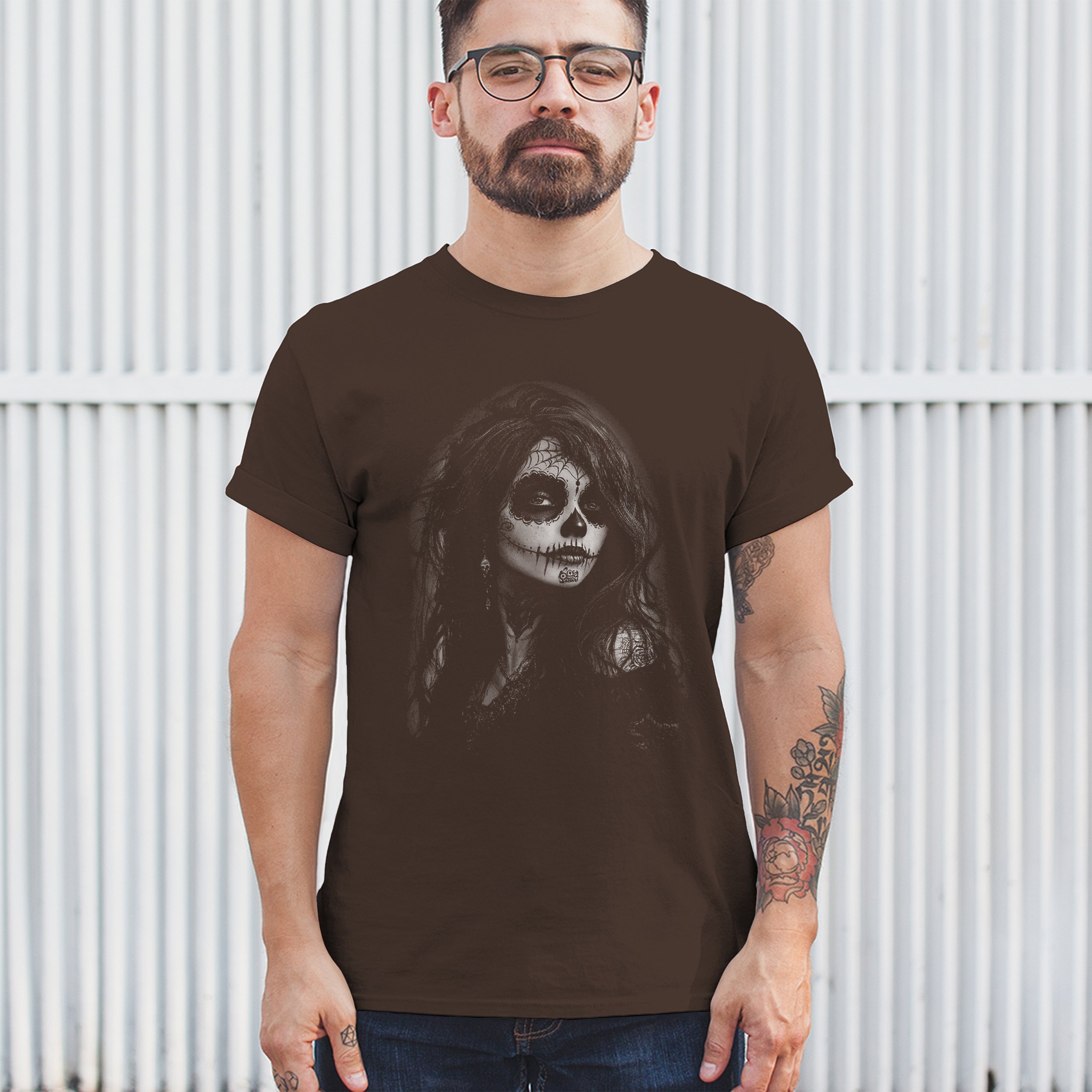 Web Sugar Skull T-shirt Monochrome Gothic Beauty Dia de Los Muertos Men's Tee - Picture 19 of 29