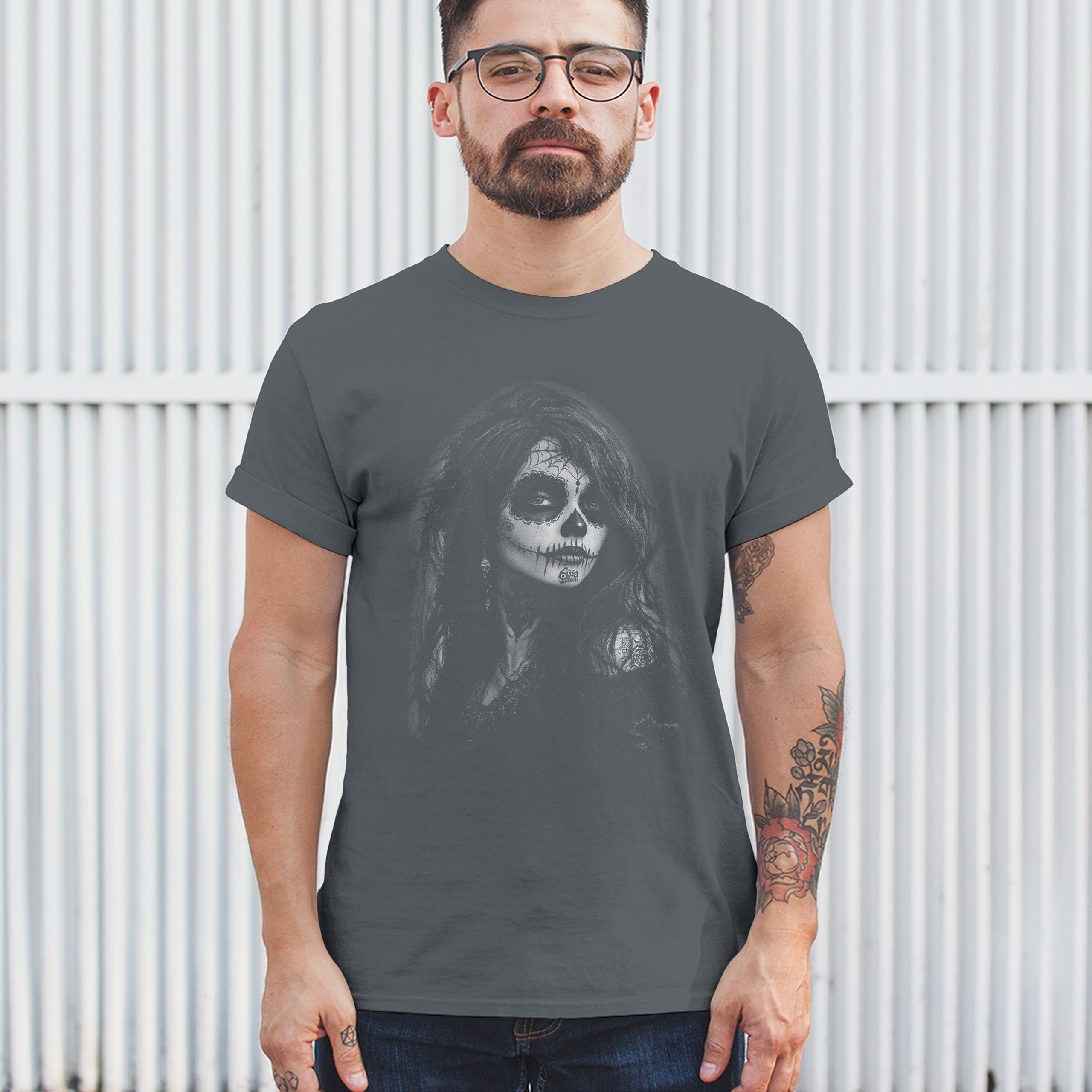 Web Sugar Skull T-shirt Monochrome Gothic Beauty Dia de Los Muertos Men's Tee - Picture 26 of 29