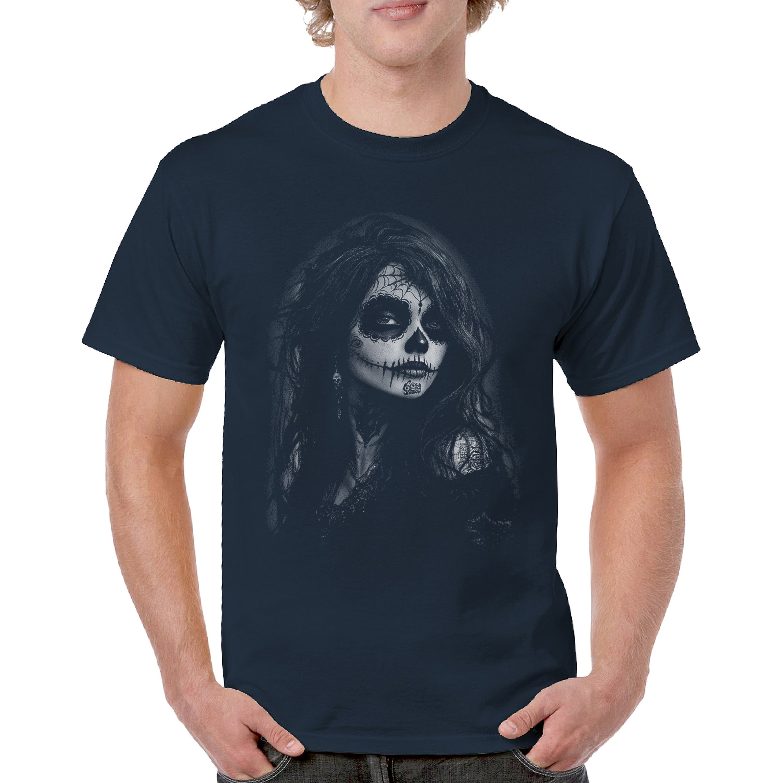 Web Sugar Skull T-shirt Monochrome Gothic Beauty Dia de Los Muertos Men's Tee - Picture 9 of 29