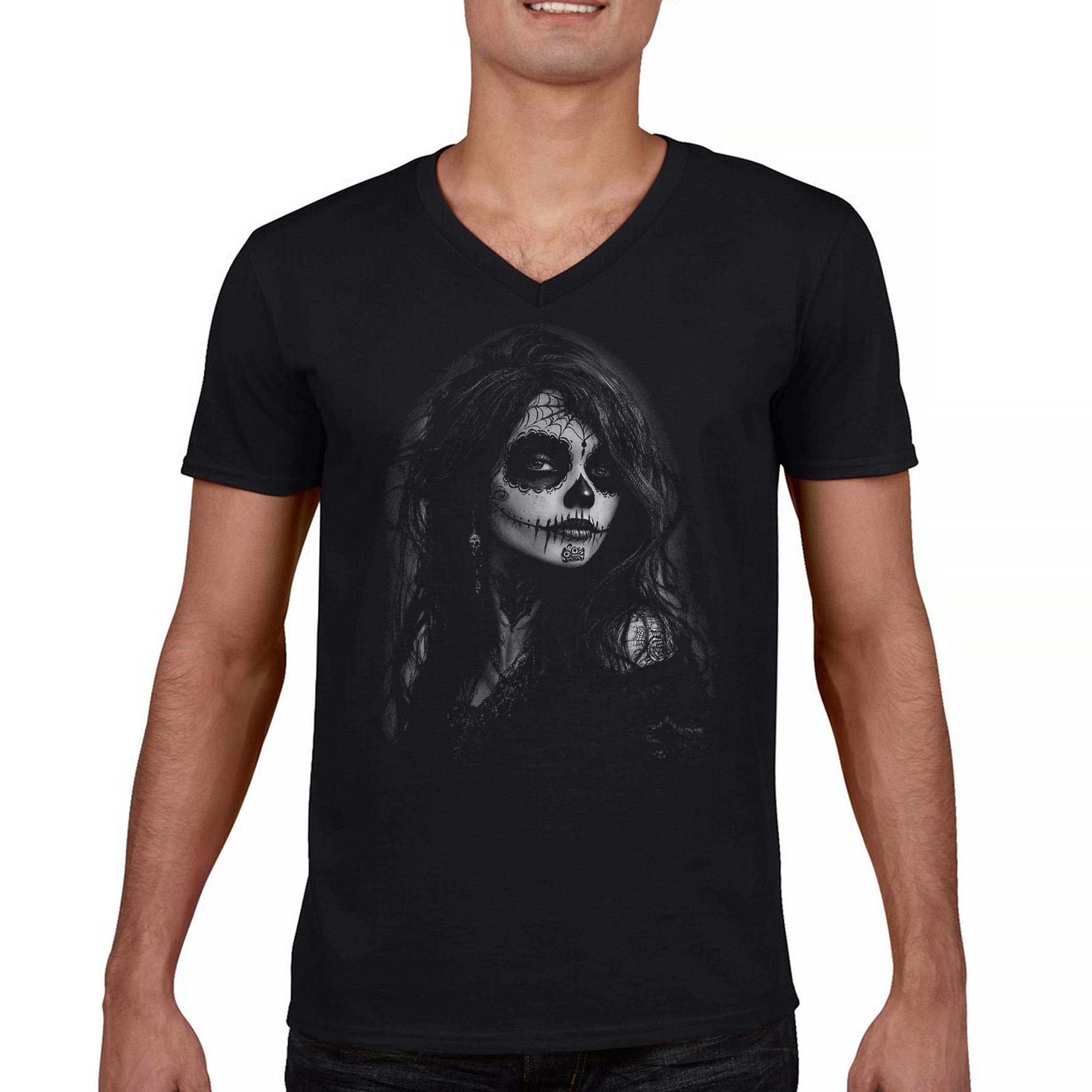 Web Sugar Skull V-Neck T-shirt Monochrome Gothic Beauty Dia de Los Muertos Tee