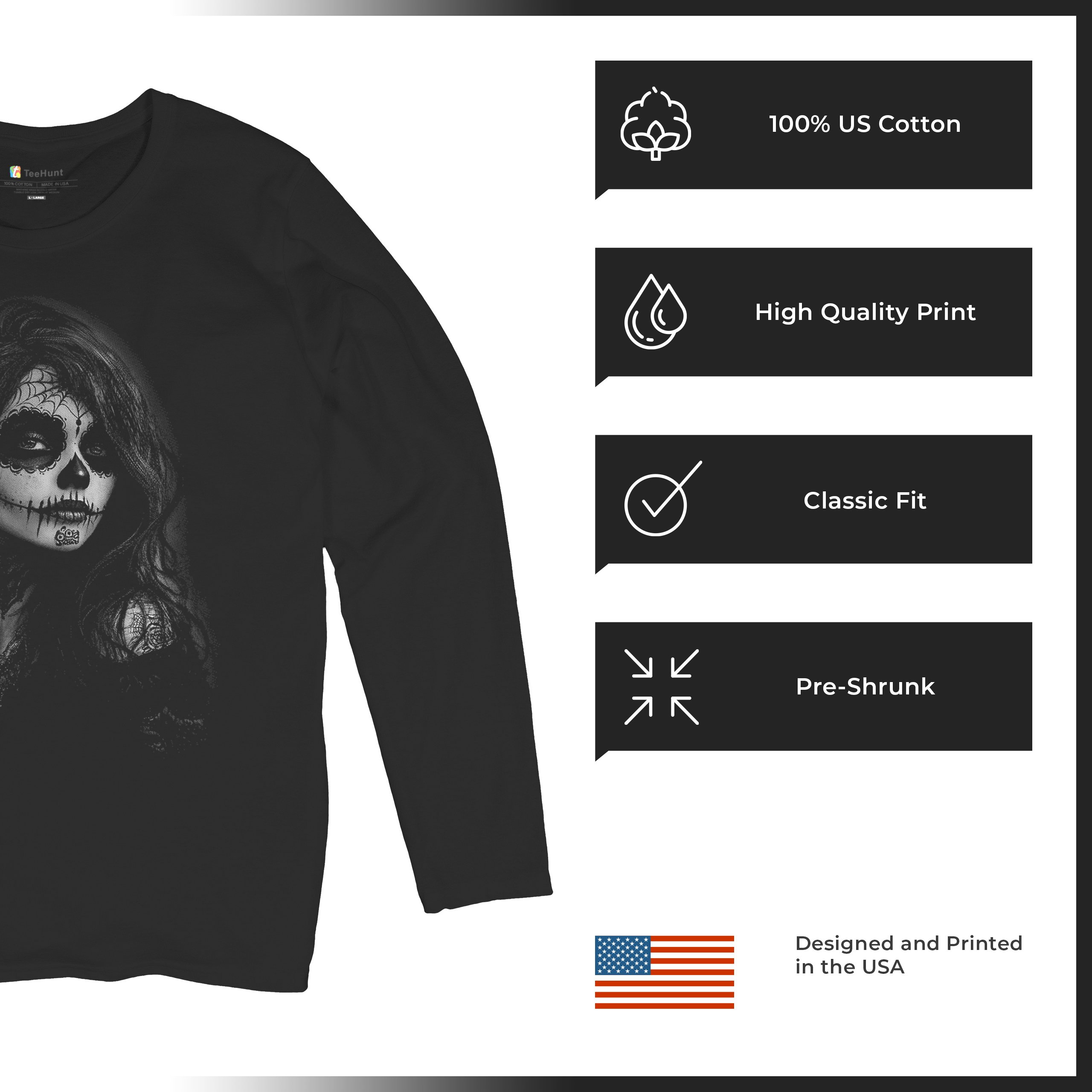 Web Sugar Skull Women's Long Sleeve T-shirt Monochrome Gothic Day of the Dead - Picture 7 of 15