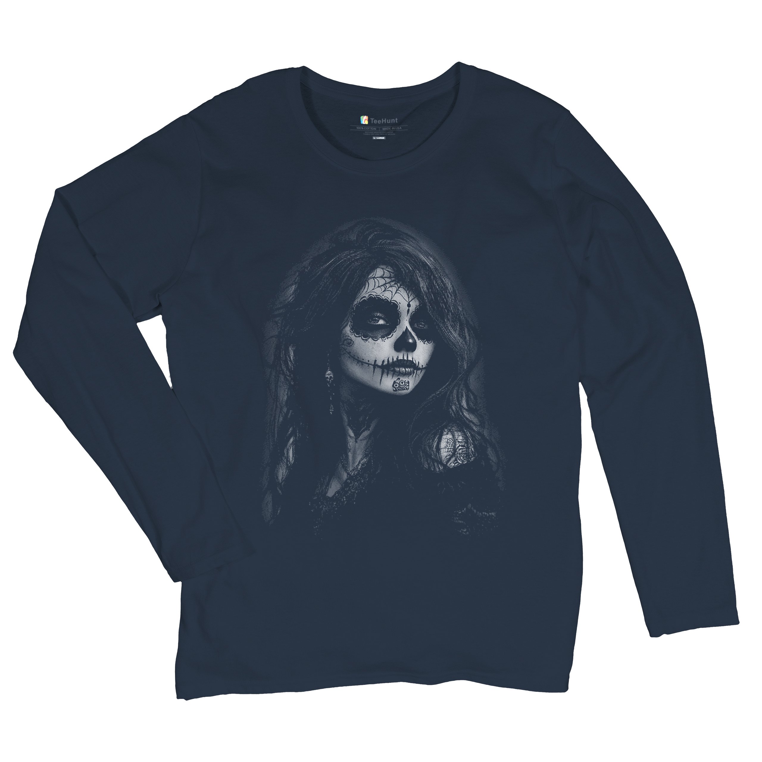 Web Sugar Skull Women's Long Sleeve T-shirt Monochrome Gothic Day of the Dead - Picture 13 of 15