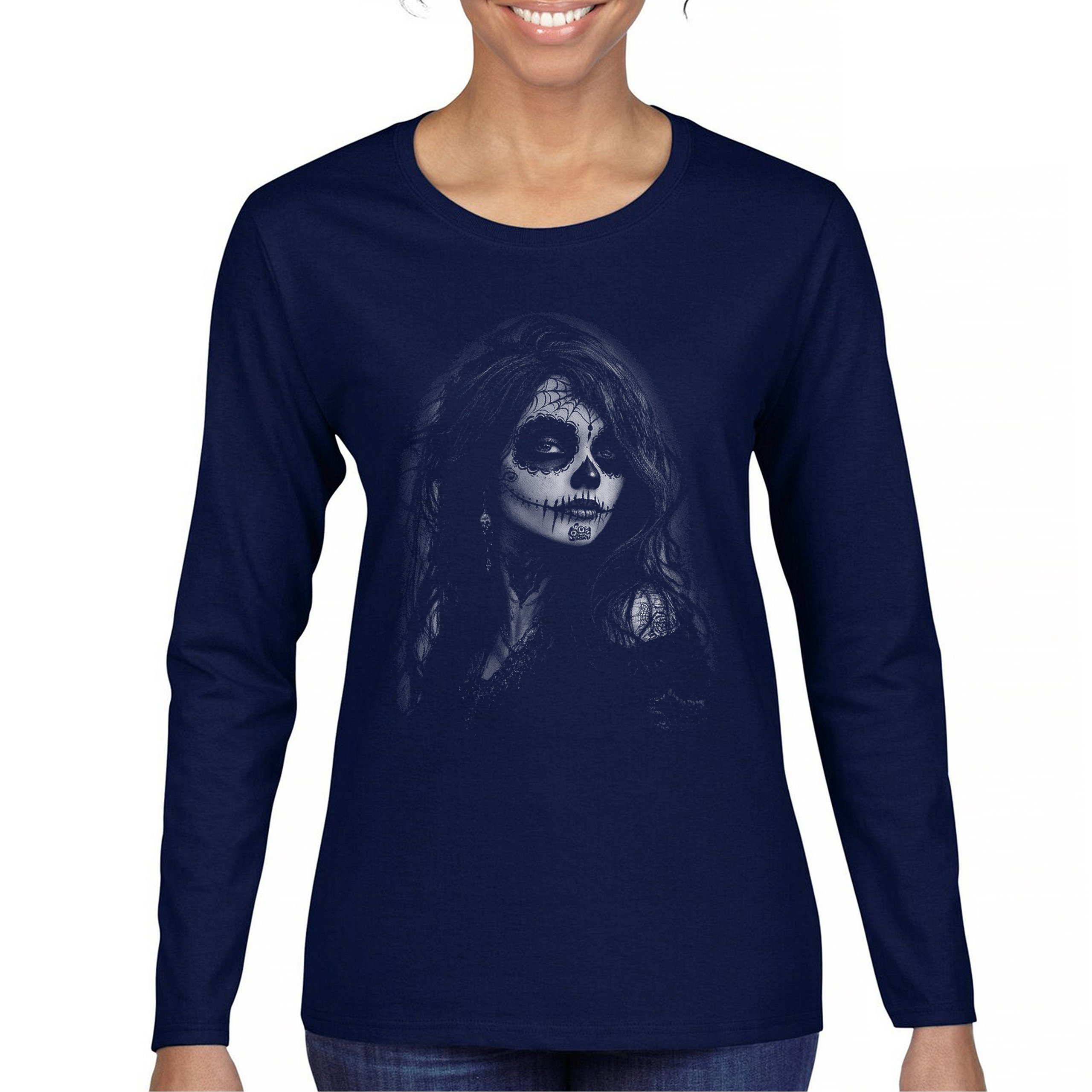 Web Sugar Skull Women's Long Sleeve T-shirt Monochrome Gothic Day of the Dead - Picture 9 of 15