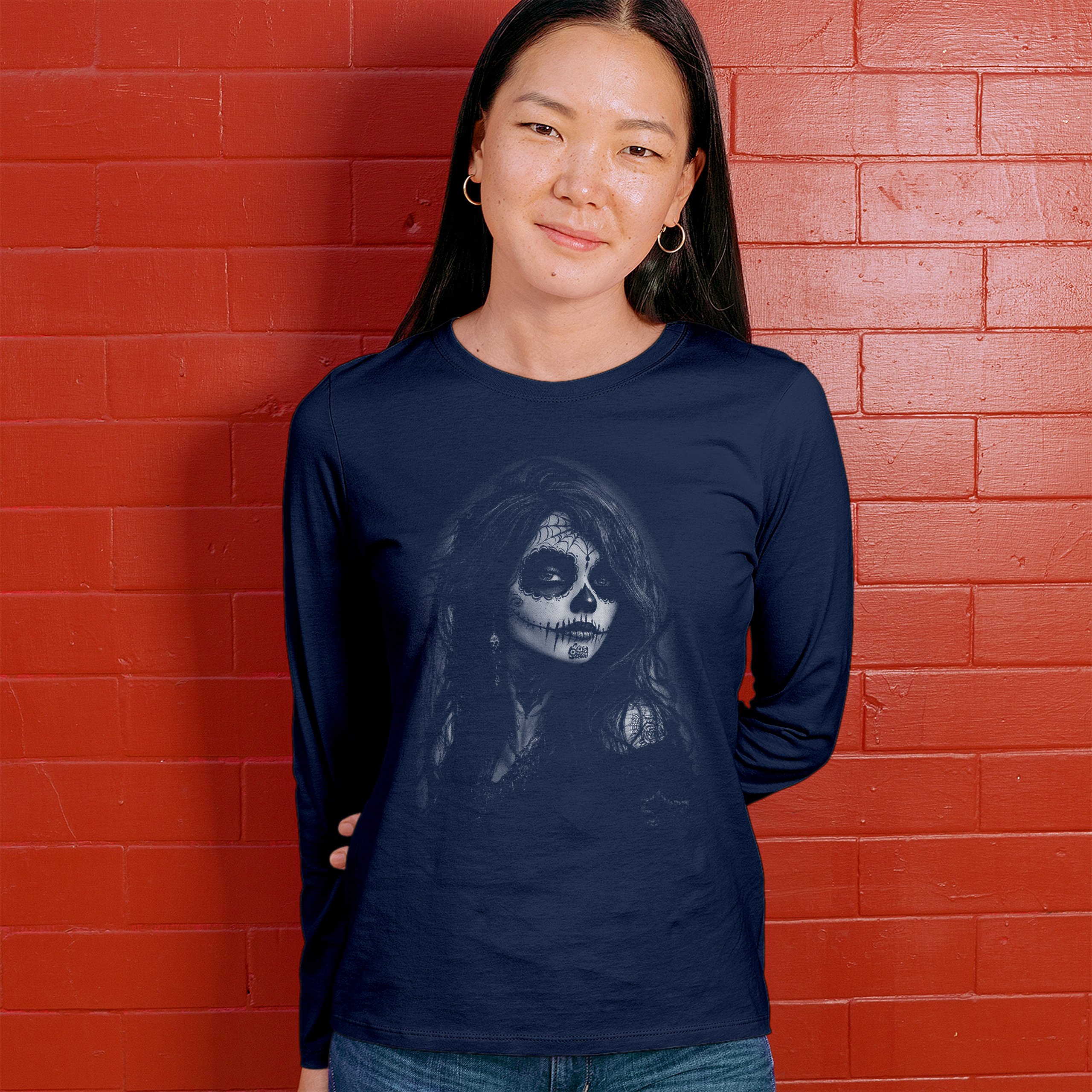 Web Sugar Skull Women's Long Sleeve T-shirt Monochrome Gothic Day of the Dead - Picture 12 of 15
