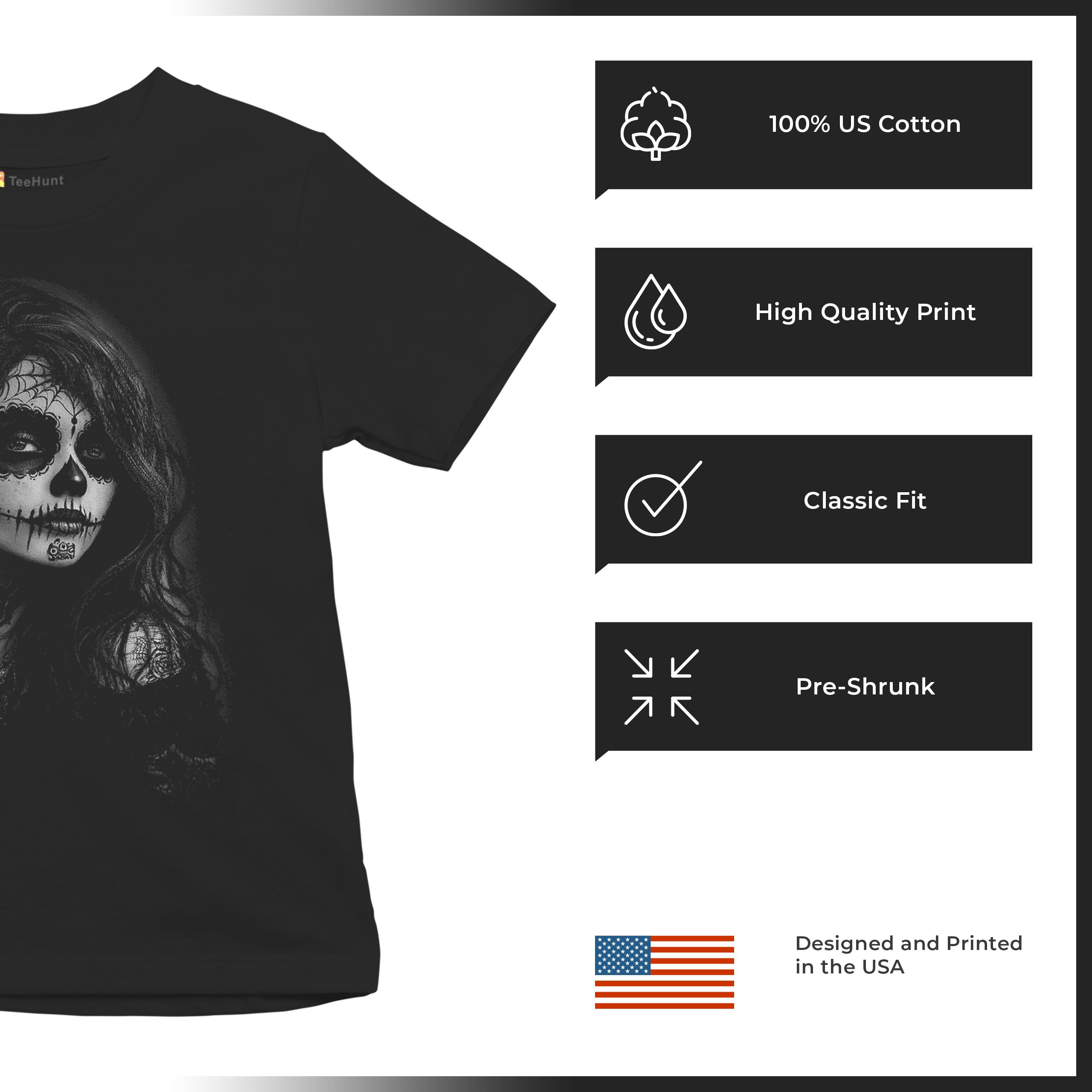 Web Sugar Skull Youth T-shirt Monochrome Gothic Beauty Dia de Los Muertos Kids - Picture 7 of 50