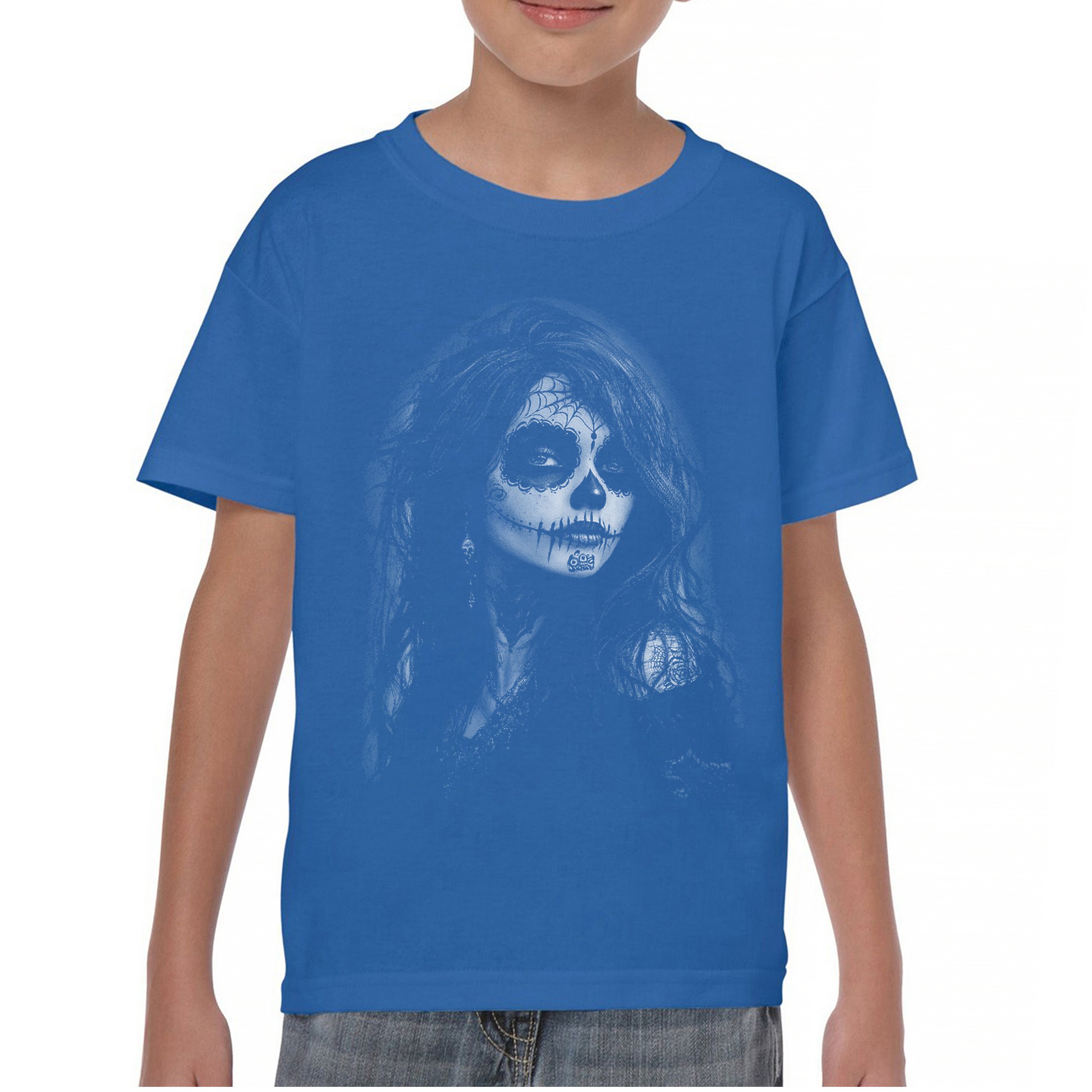 Web Sugar Skull Youth T-shirt Monochrome Gothic Beauty Dia de Los Muertos Kids - Picture 37 of 50