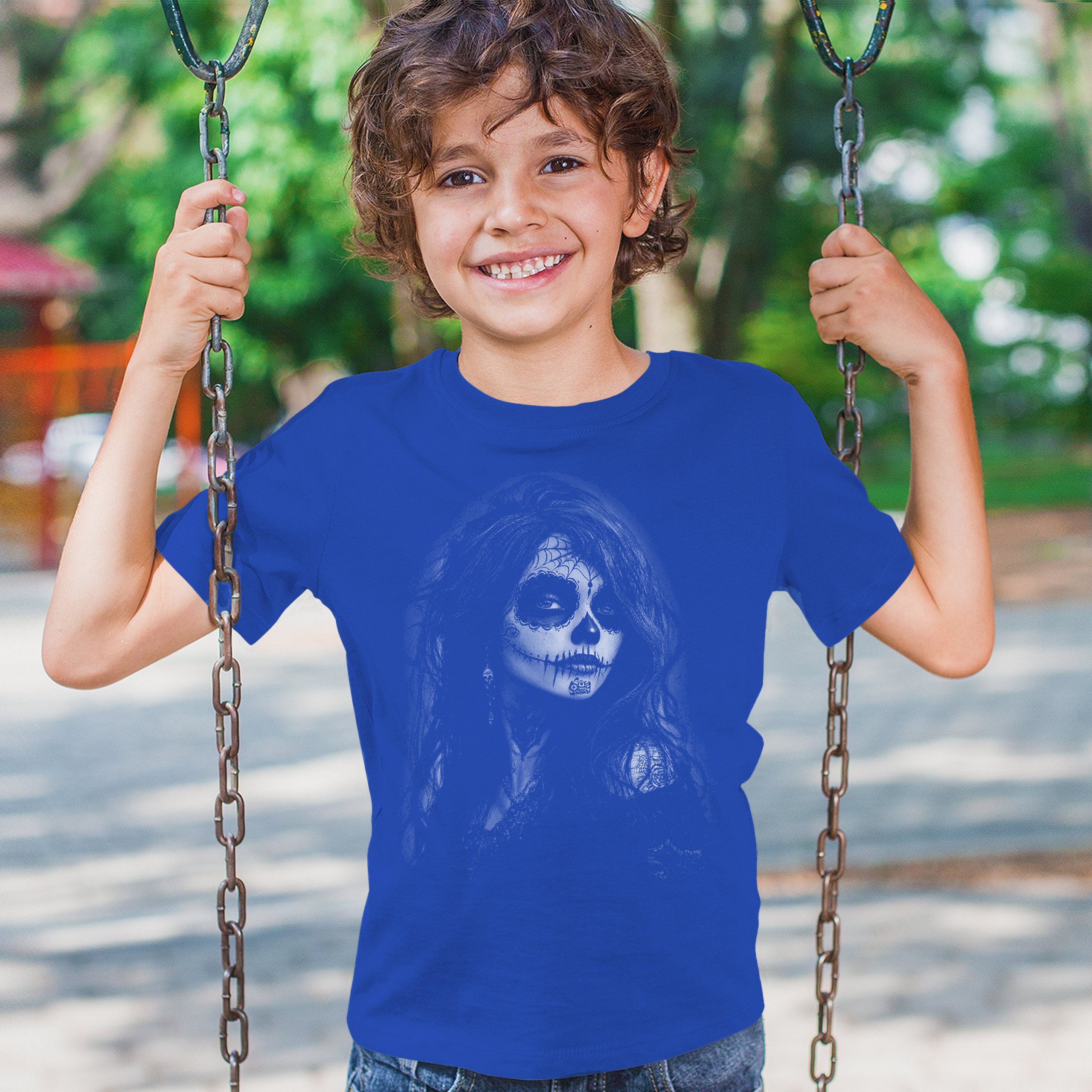 Web Sugar Skull Youth T-shirt Monochrome Gothic Beauty Dia de Los Muertos Kids - Picture 40 of 50