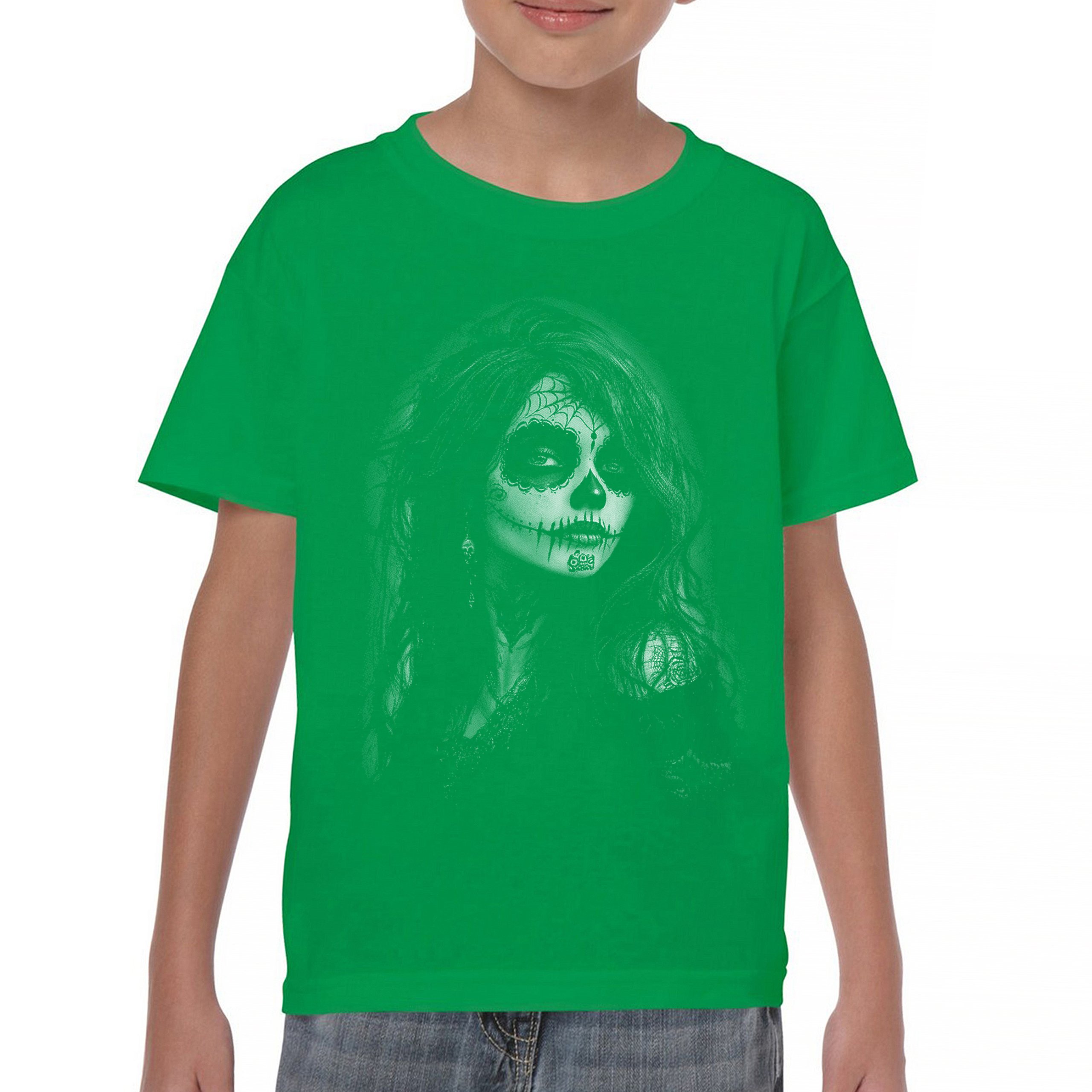 Web Sugar Skull Youth T-shirt Monochrome Gothic Beauty Dia de Los Muertos Kids - Picture 30 of 50