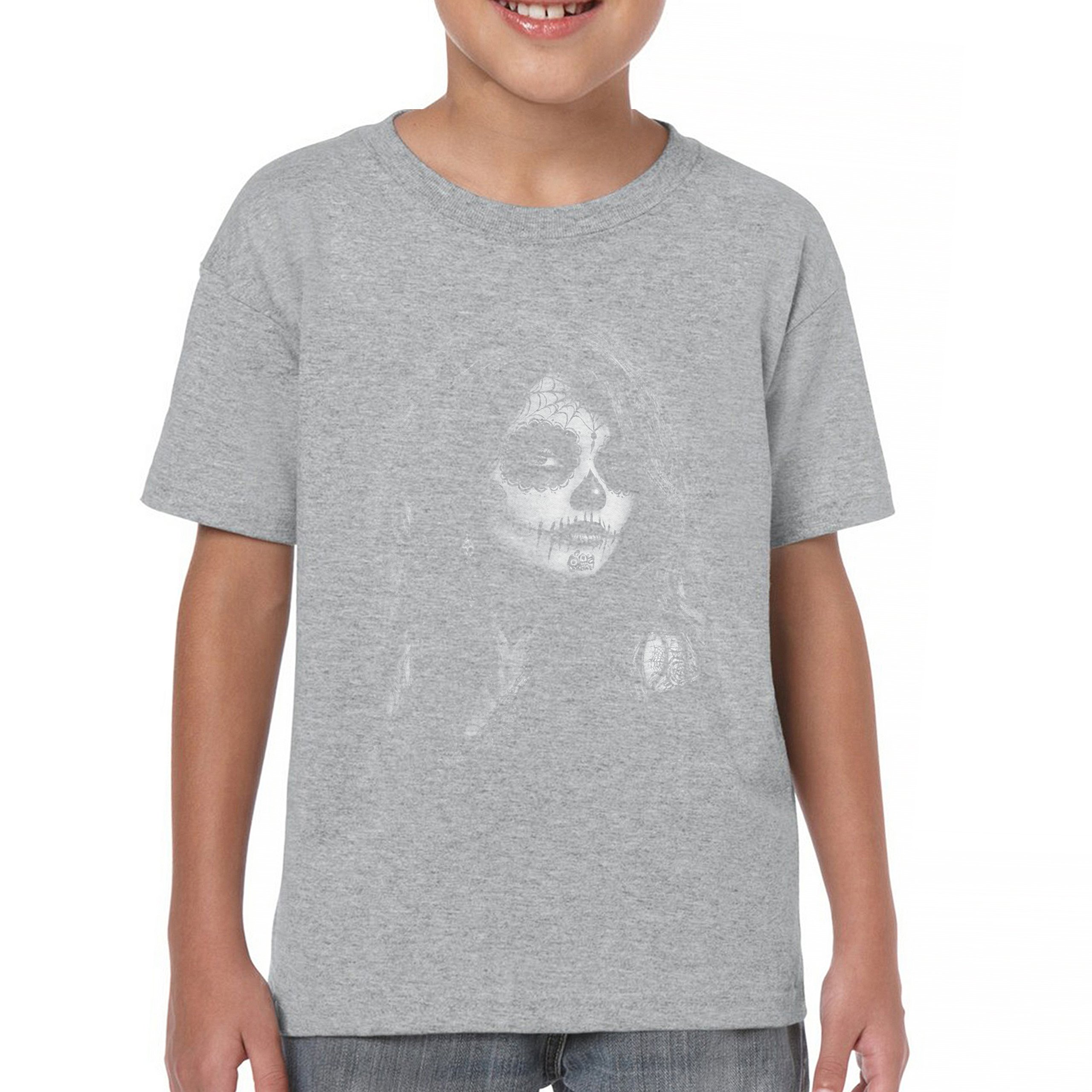Web Sugar Skull Youth T-shirt Monochrome Gothic Beauty Dia de Los Muertos Kids - Picture 9 of 50