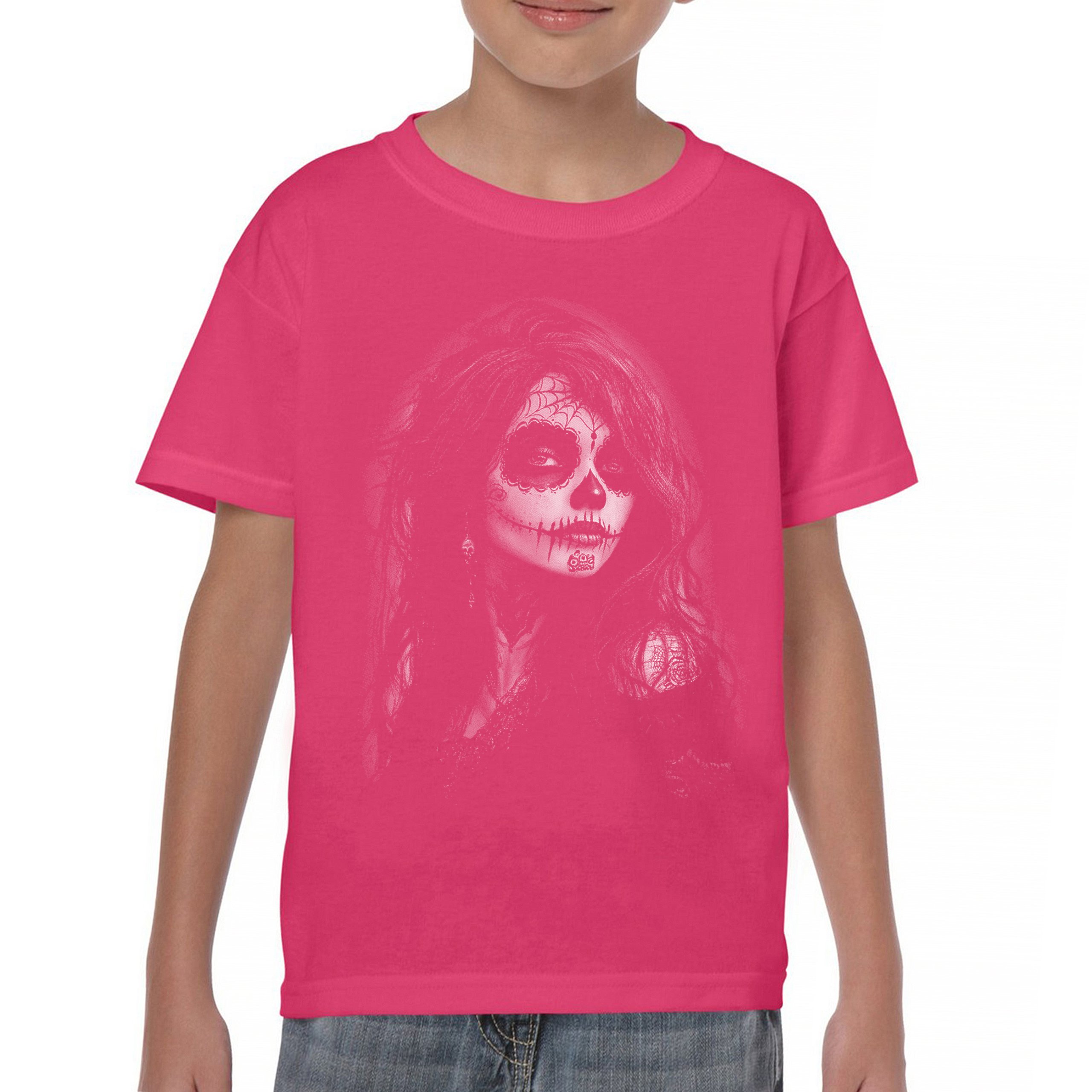 Web Sugar Skull Youth T-shirt Monochrome Gothic Beauty Dia de Los Muertos Kids - Picture 44 of 50