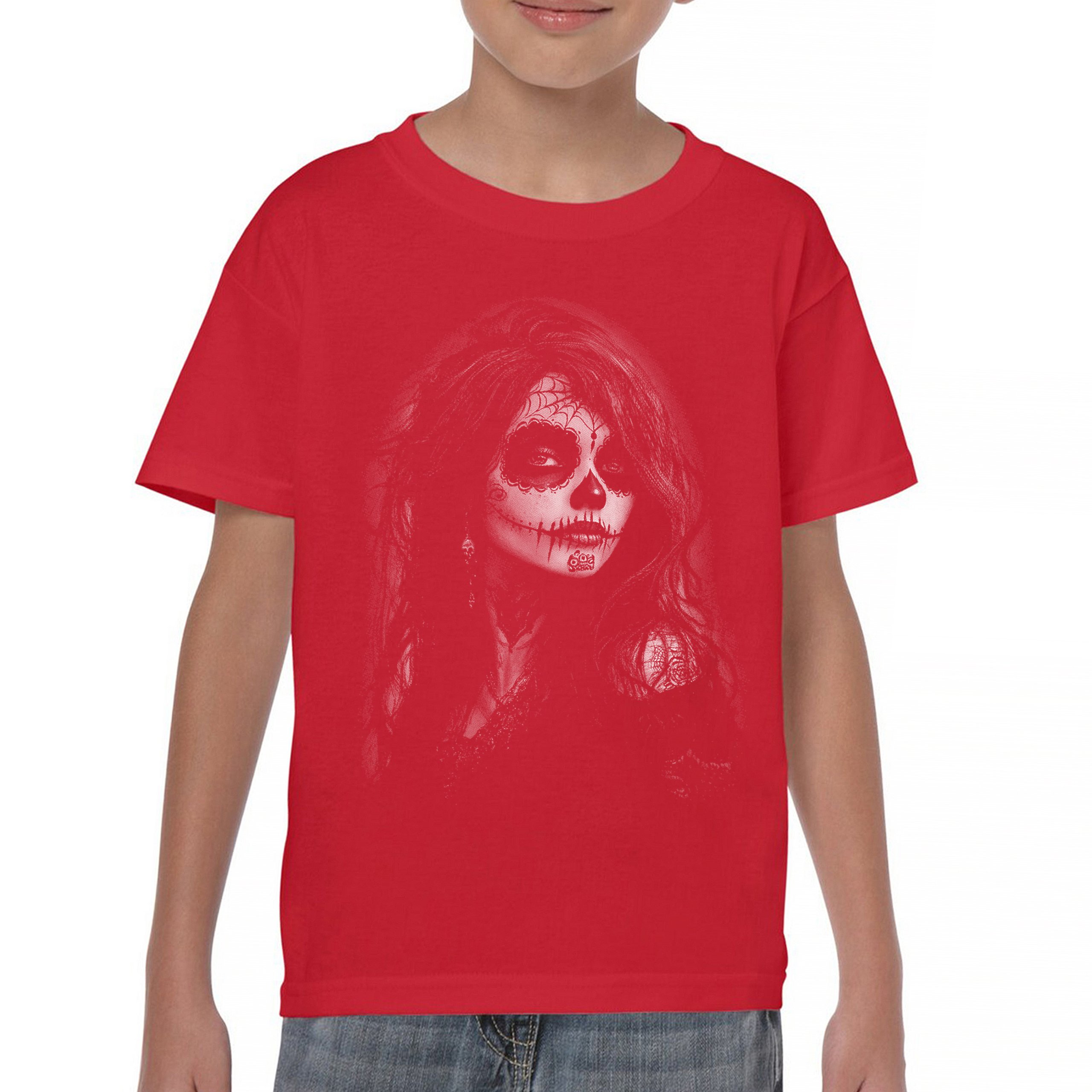 Web Sugar Skull Youth T-shirt Monochrome Gothic Beauty Dia de Los Muertos Kids - Picture 16 of 50