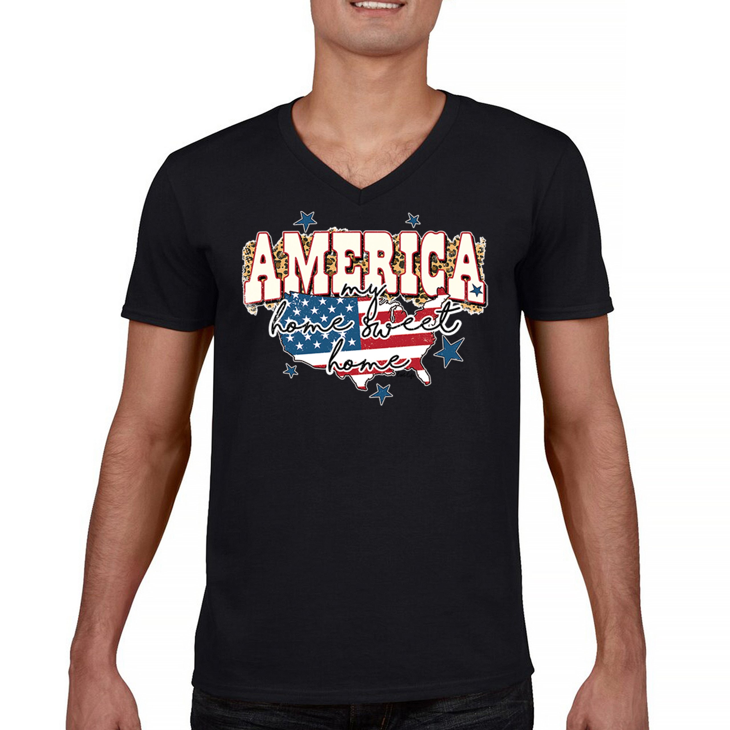 America My Home Sweet Home V-Neck T-shirt 4th of July Patriotic Flag Pride Tee