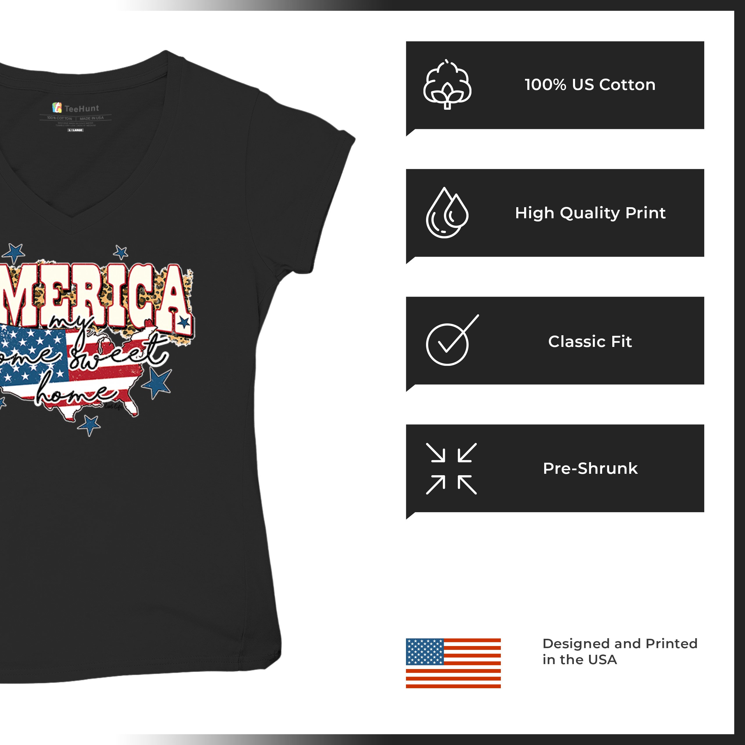 America My Home Sweet Home Women's V-Neck T-shirt 4th of July USA Patriot Tee - Picture 7 of 71
