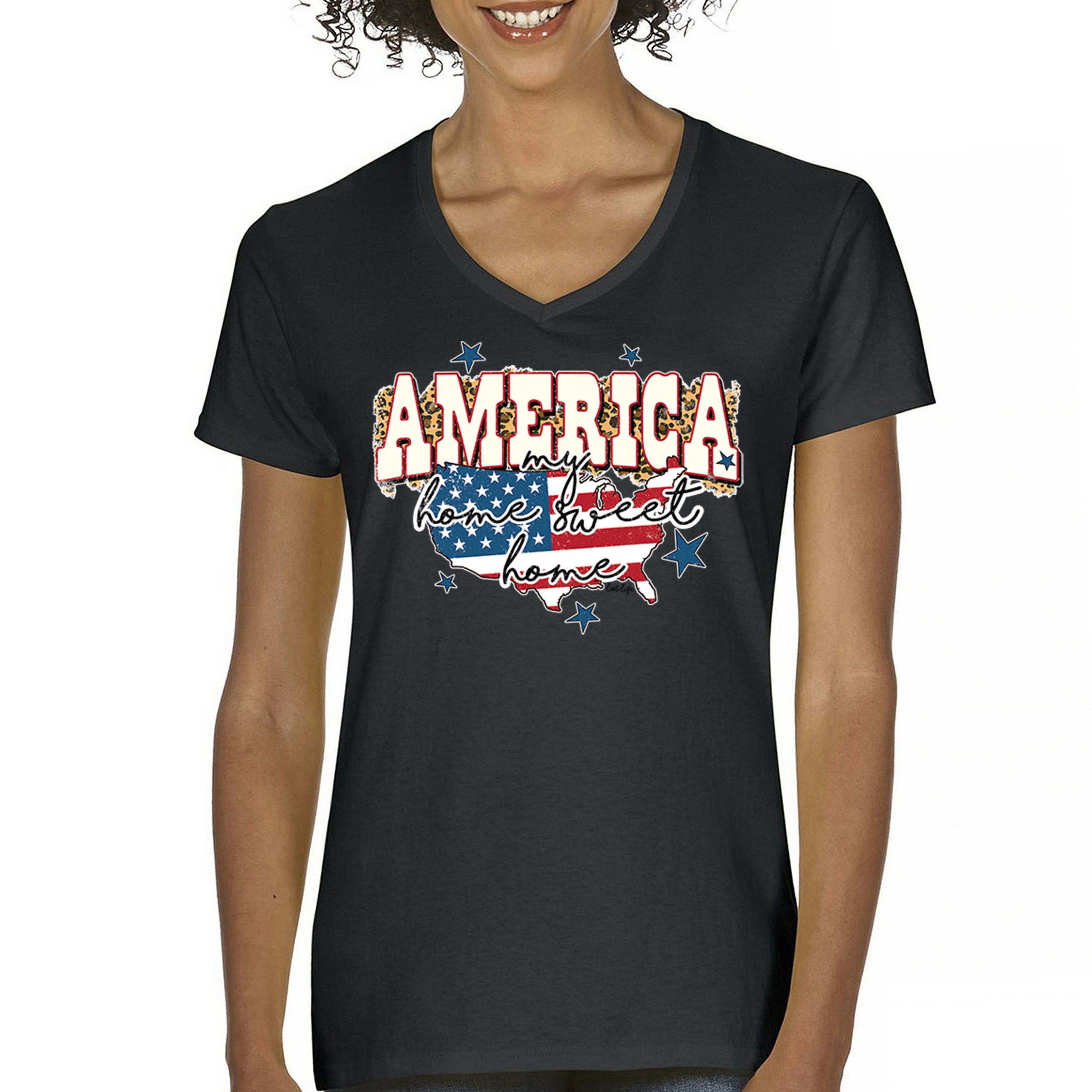 America My Home Sweet Home Women's V-Neck T-shirt 4th of July USA Patriot Tee - Picture 2 of 71
