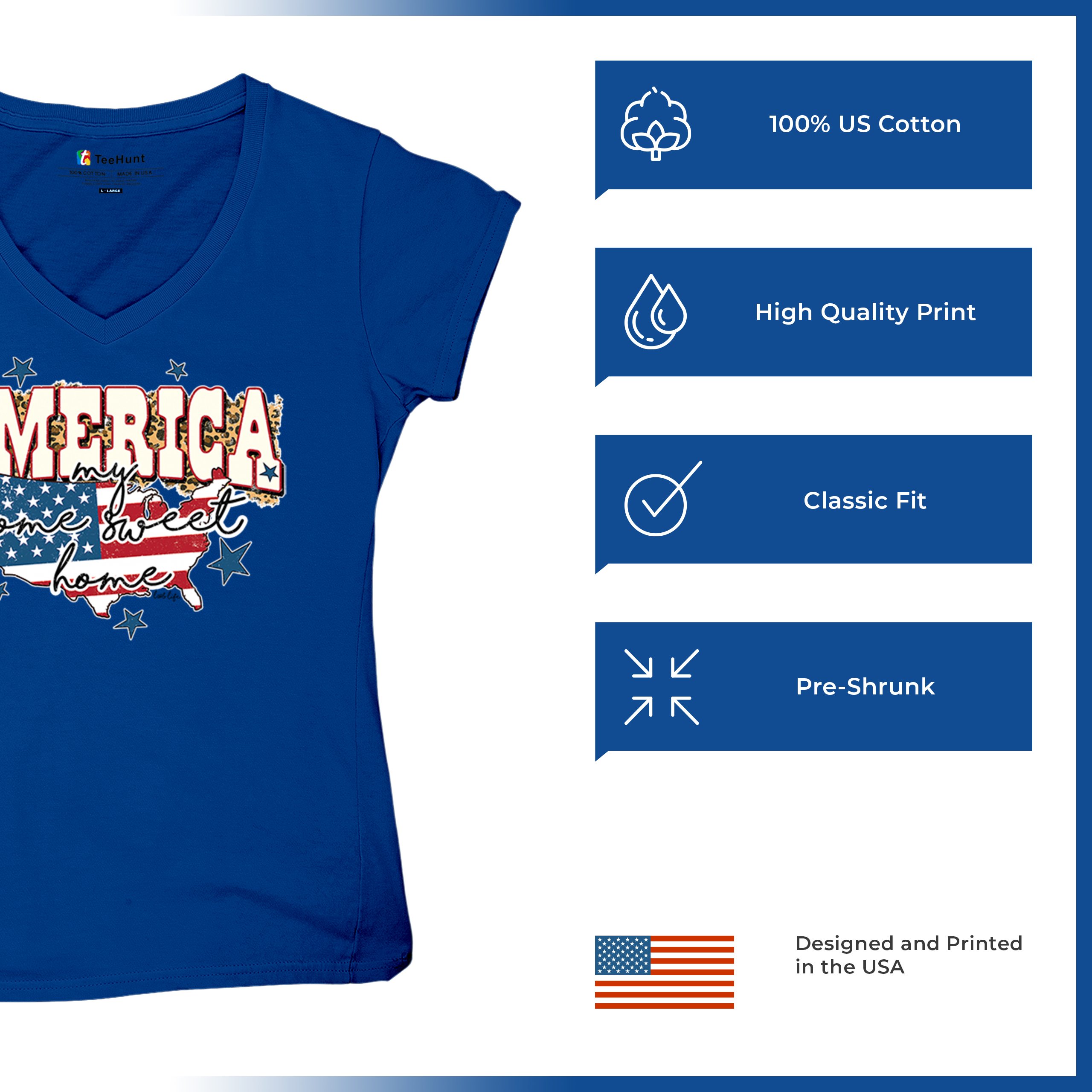 America My Home Sweet Home Women's V-Neck T-shirt 4th of July USA Patriot Tee - Picture 56 of 71