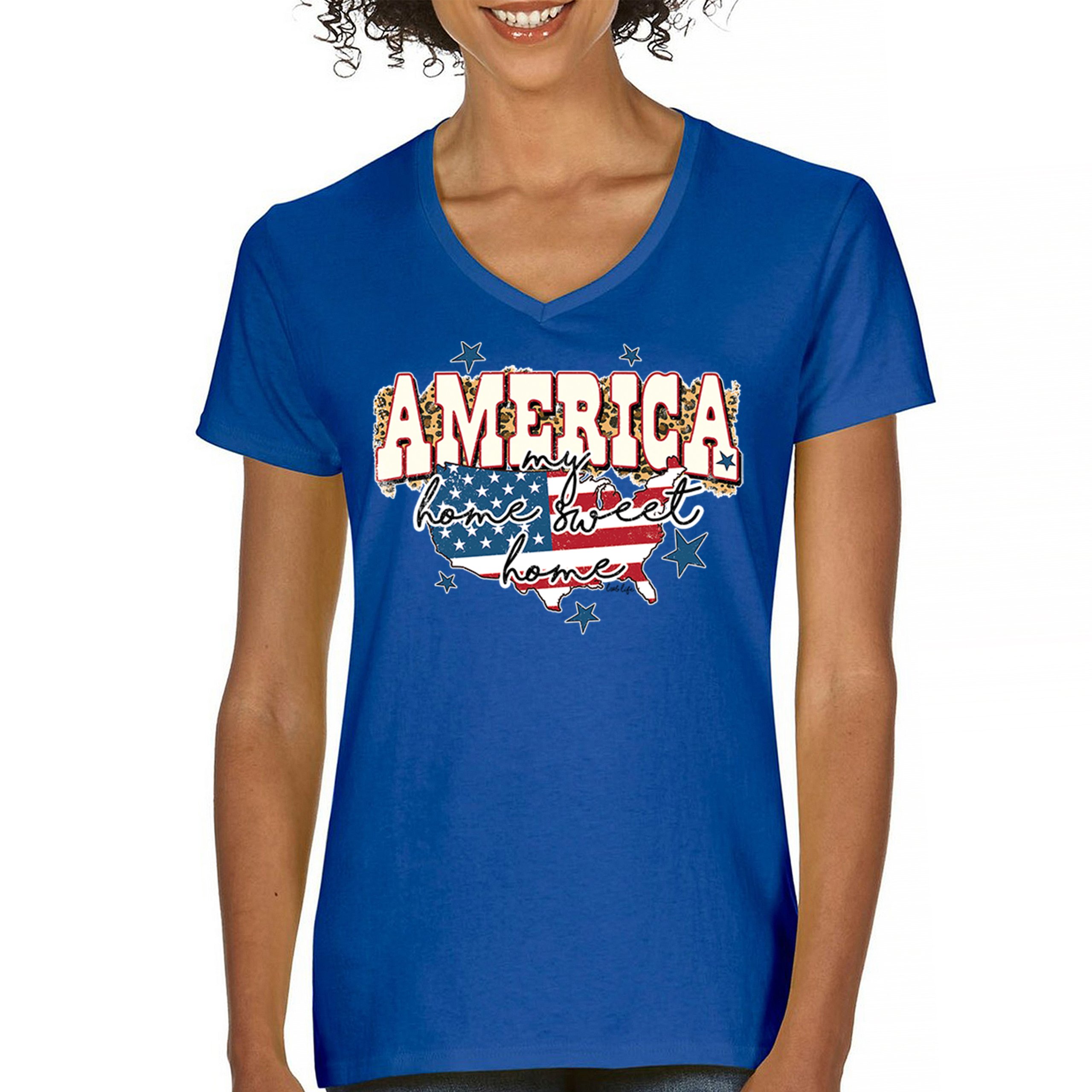 America My Home Sweet Home Women's V-Neck T-shirt 4th of July USA Patriot Tee - Picture 51 of 71