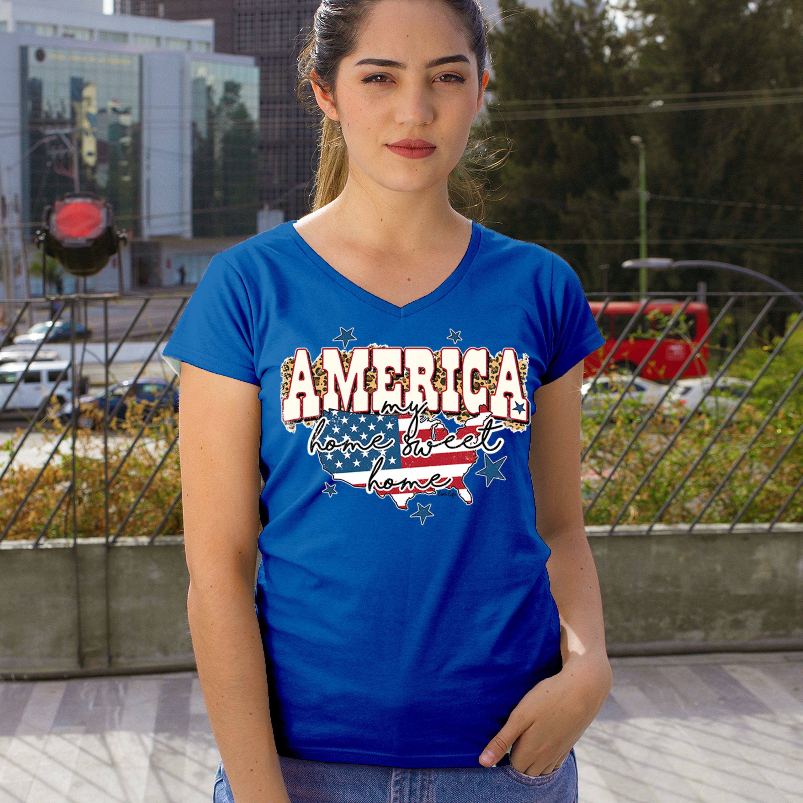 America My Home Sweet Home Women's V-Neck T-shirt 4th of July USA Patriot Tee - Picture 54 of 71