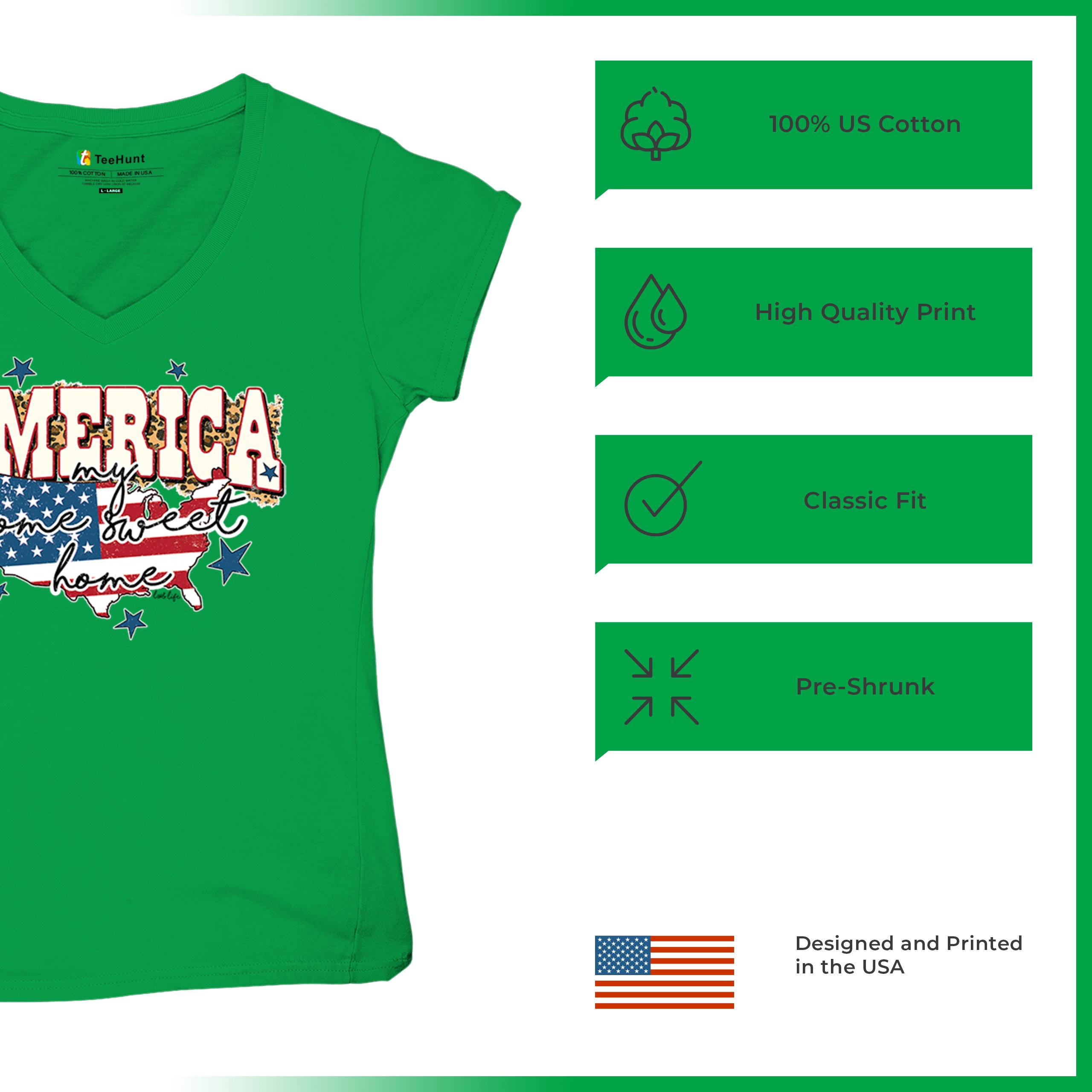 America My Home Sweet Home Women's V-Neck T-shirt 4th of July USA Patriot Tee - Picture 49 of 71