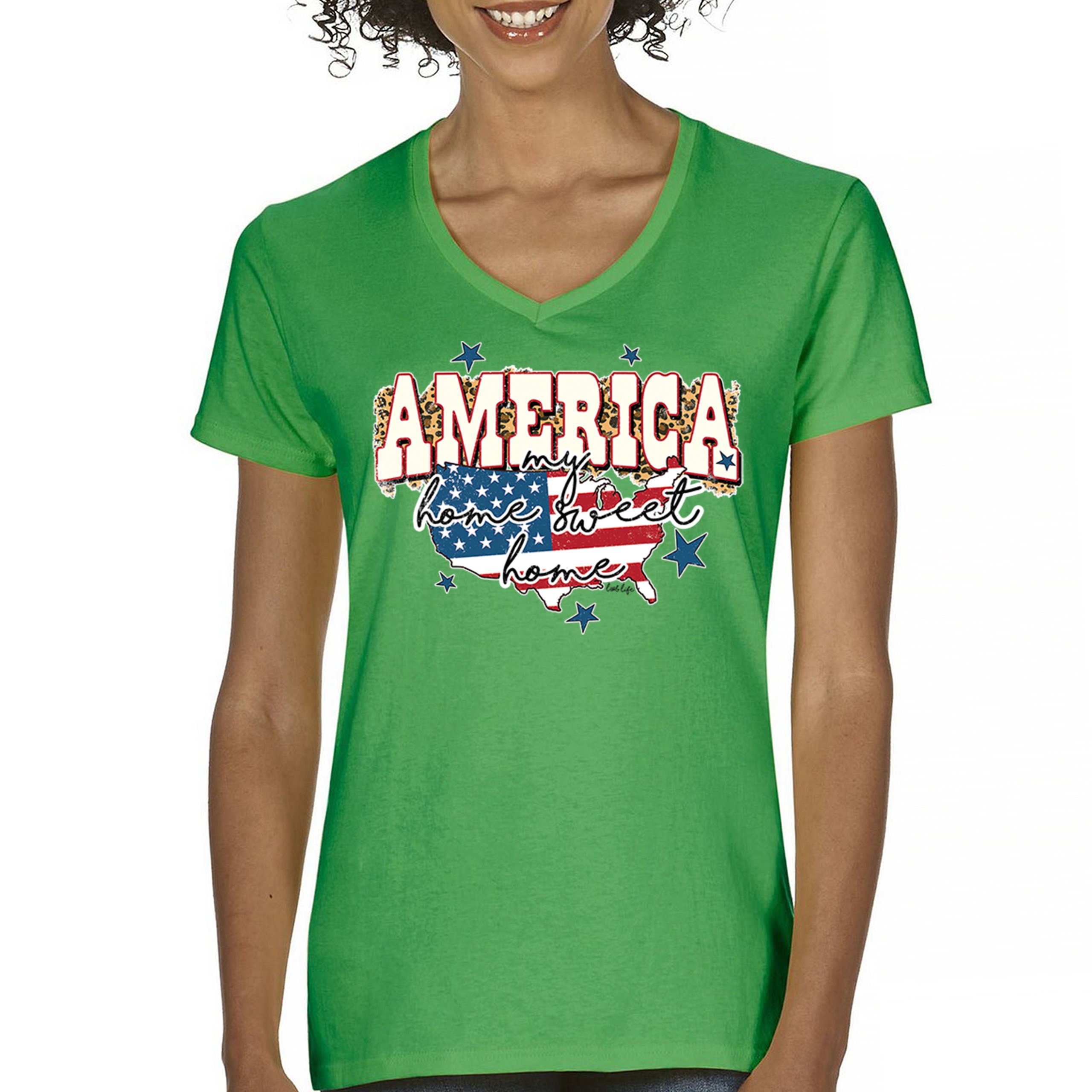 America My Home Sweet Home Women's V-Neck T-shirt 4th of July USA Patriot Tee - Picture 44 of 71