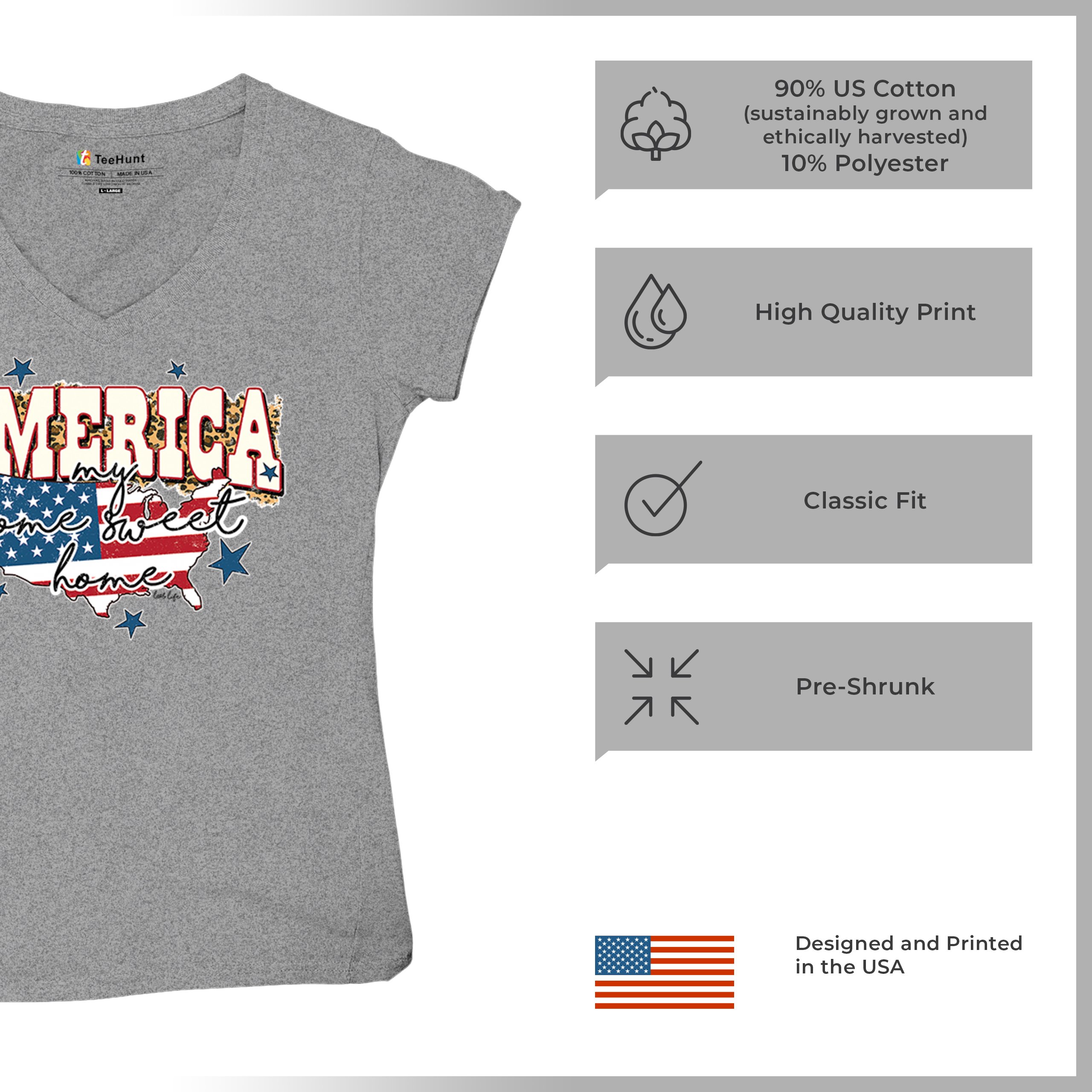 America My Home Sweet Home Women's V-Neck T-shirt 4th of July USA Patriot Tee - Picture 14 of 71
