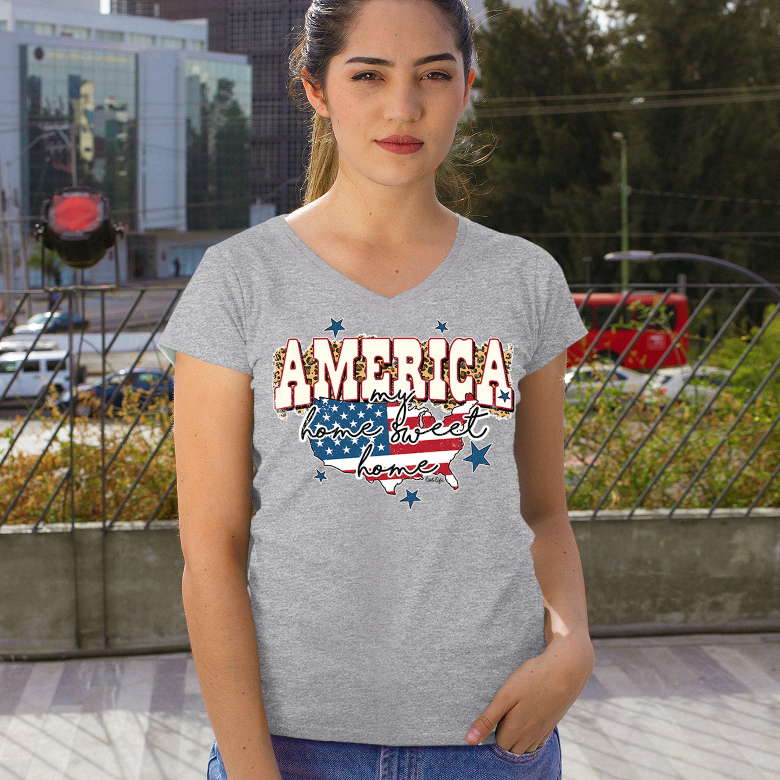 America My Home Sweet Home Women's V-Neck T-shirt 4th of July USA Patriot Tee - Picture 12 of 71