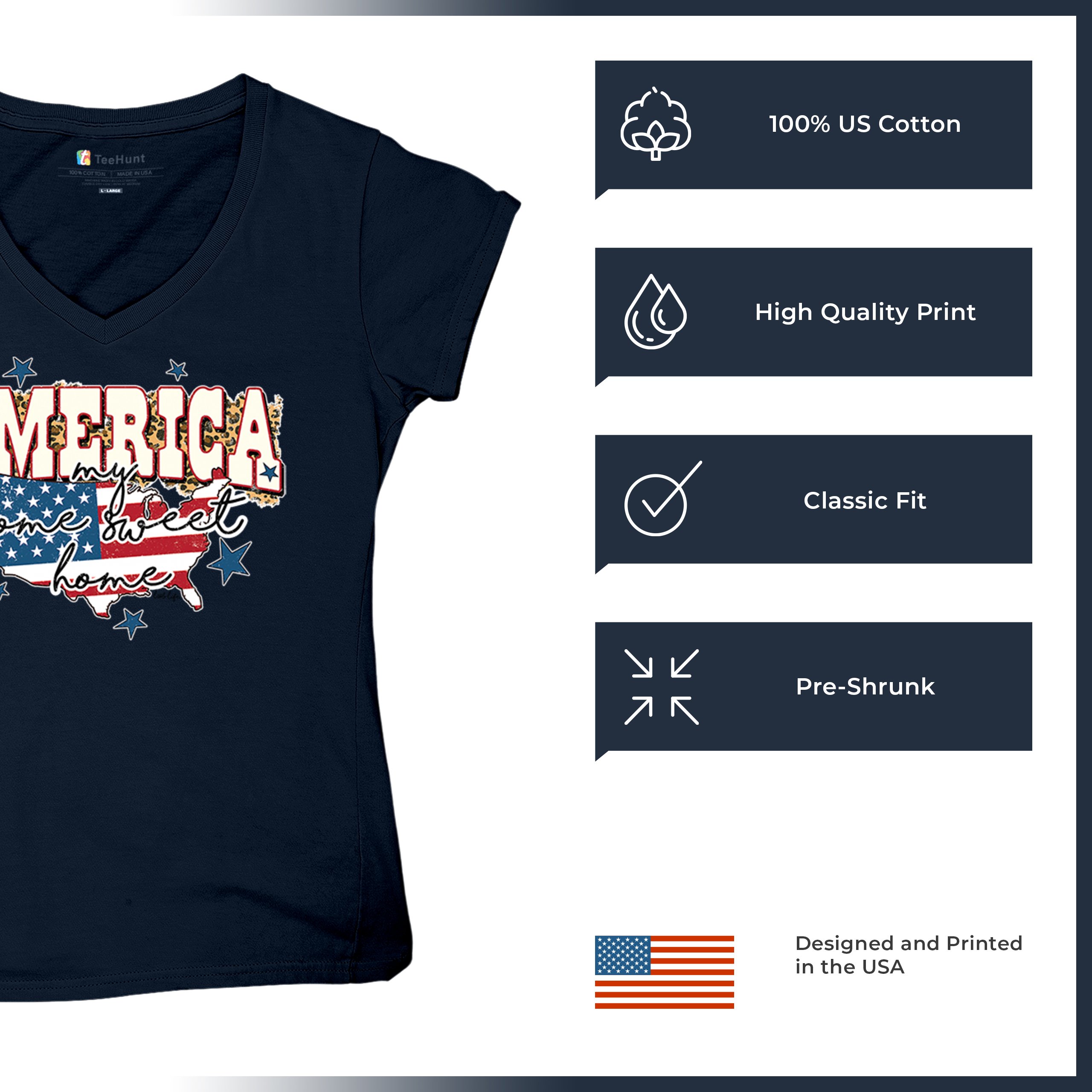 America My Home Sweet Home Women's V-Neck T-shirt 4th of July USA Patriot Tee - Picture 42 of 71