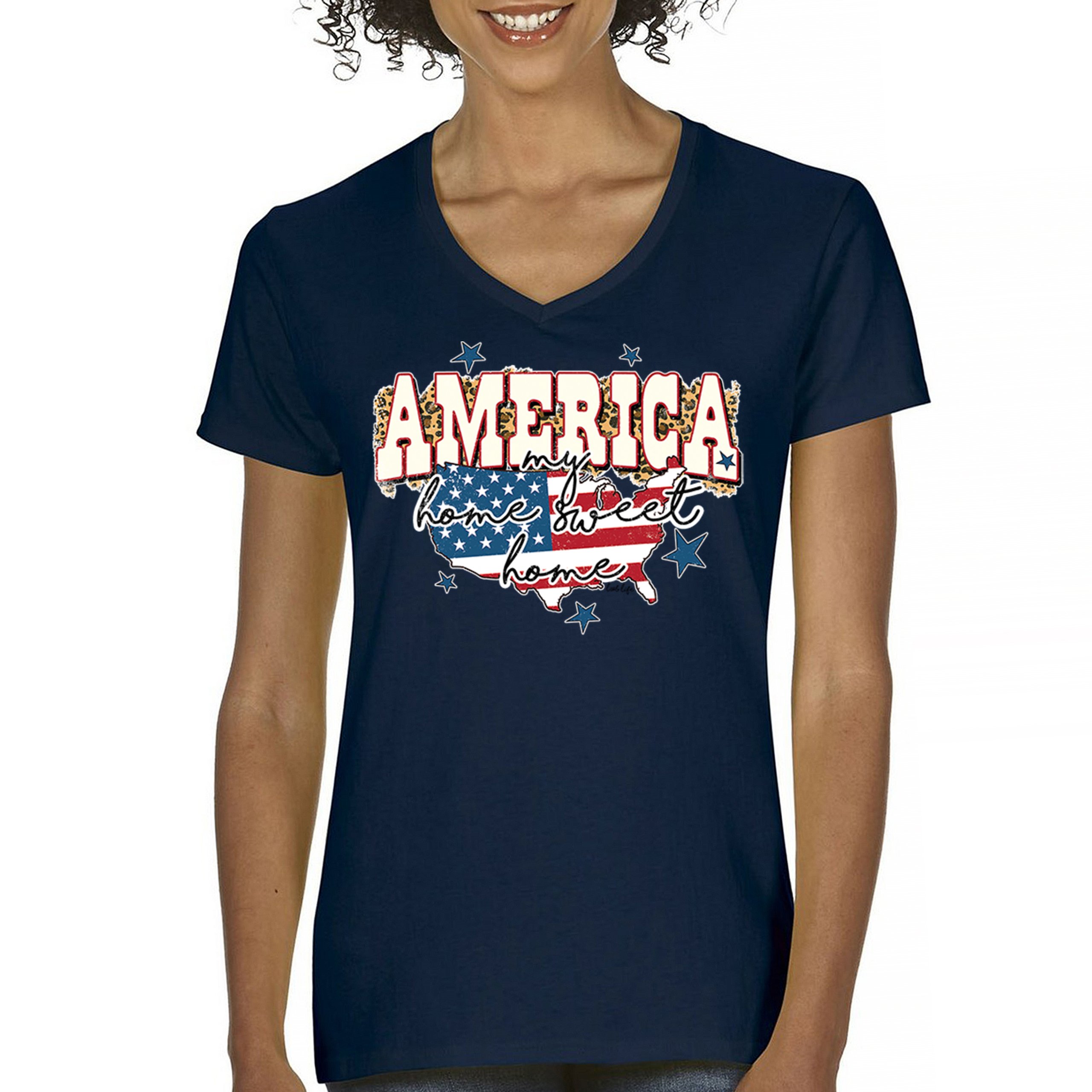 America My Home Sweet Home Women's V-Neck T-shirt 4th of July USA Patriot Tee - Picture 37 of 71