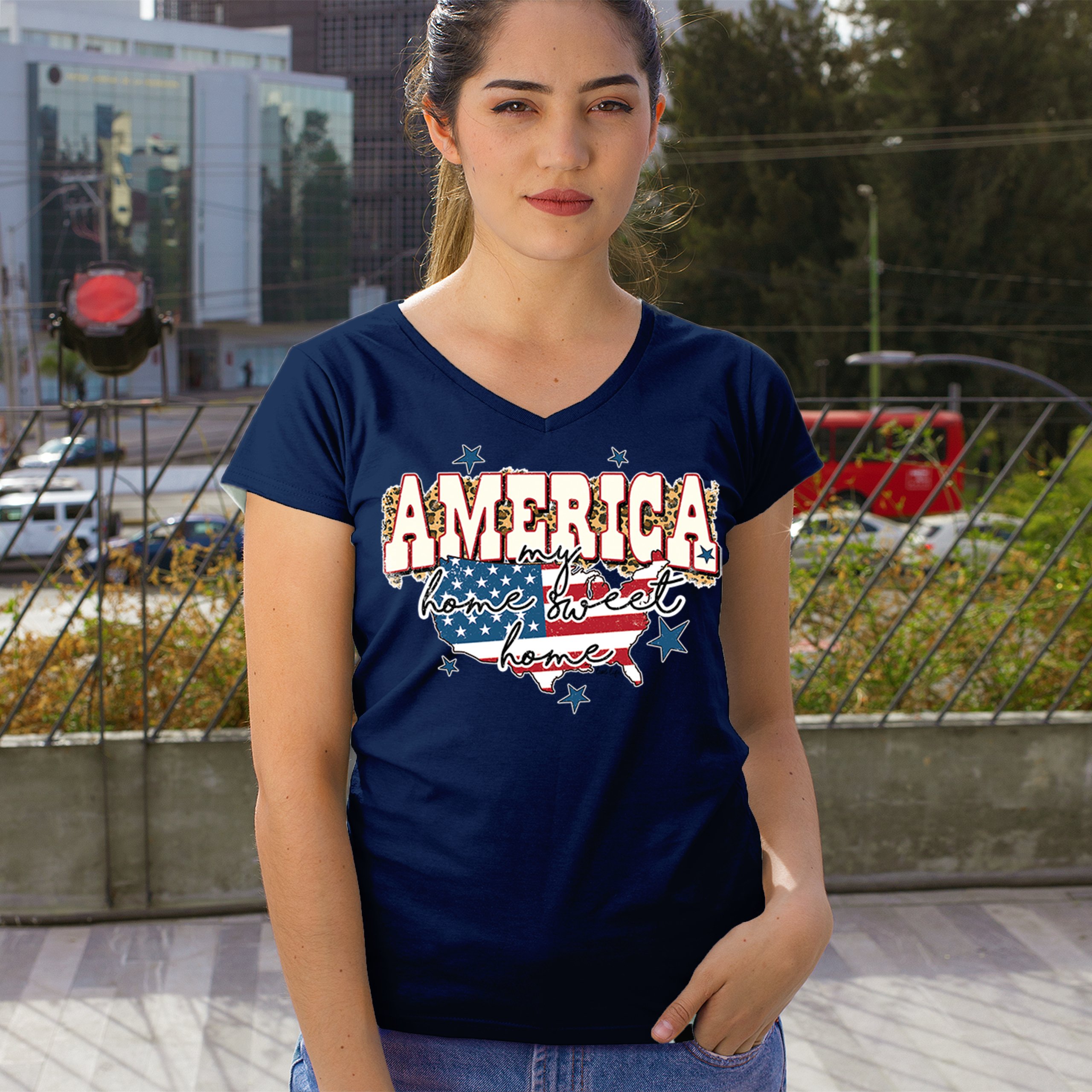 America My Home Sweet Home Women's V-Neck T-shirt 4th of July USA Patriot Tee - Picture 40 of 71