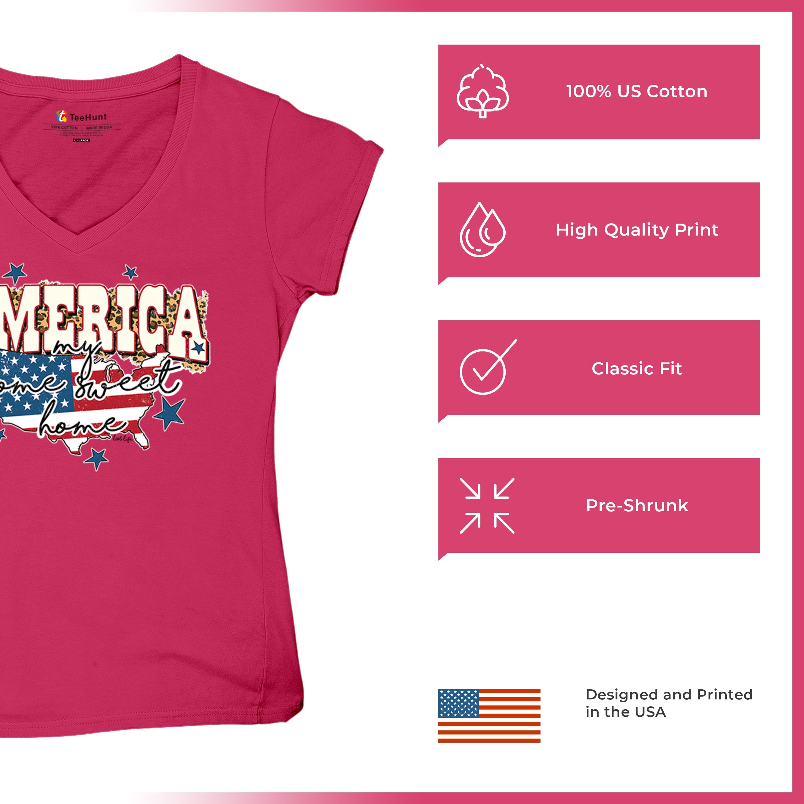 America My Home Sweet Home Women's V-Neck T-shirt 4th of July USA Patriot Tee - Picture 63 of 71