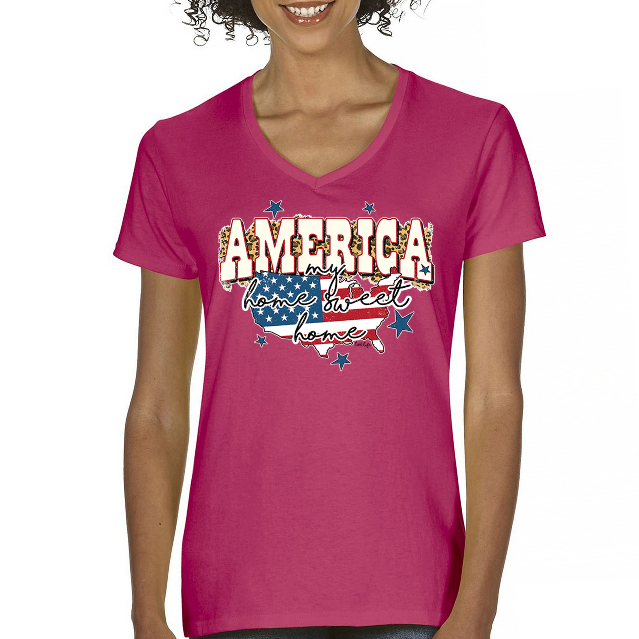 America My Home Sweet Home Women's V-Neck T-shirt 4th of July USA Patriot Tee - Picture 58 of 71