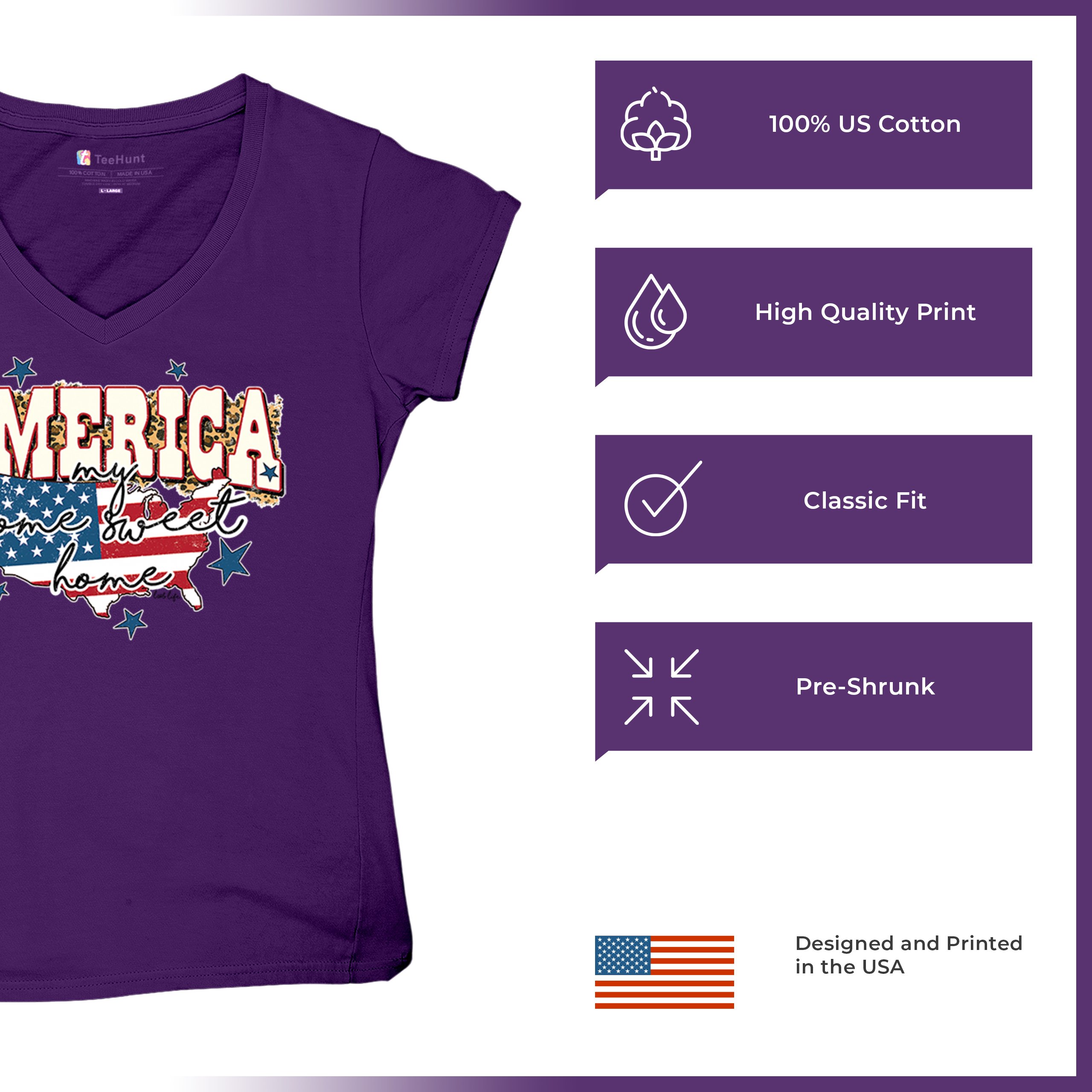 America My Home Sweet Home Women's V-Neck T-shirt 4th of July USA Patriot Tee - Picture 21 of 71