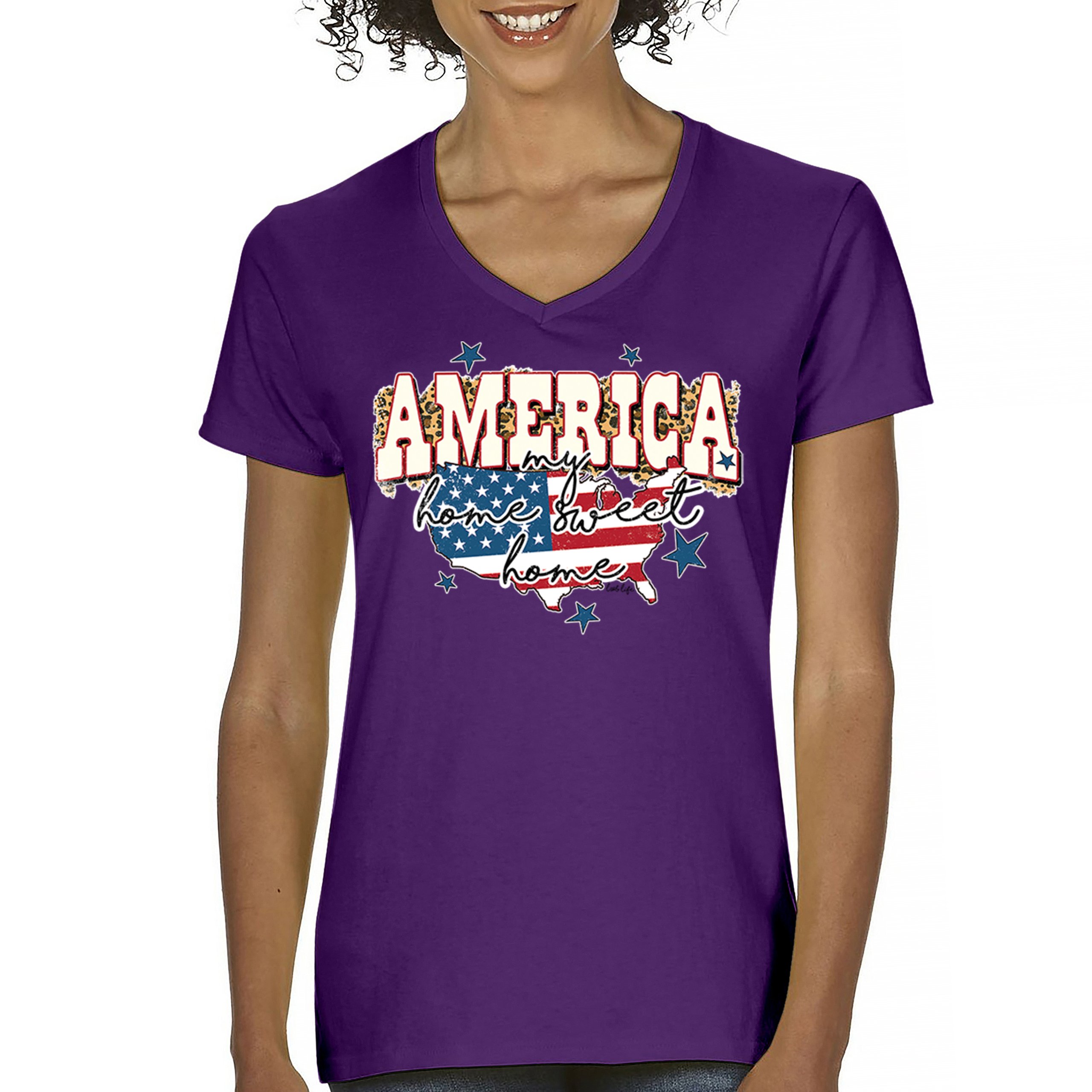 America My Home Sweet Home Women's V-Neck T-shirt 4th of July USA Patriot Tee - Picture 16 of 71