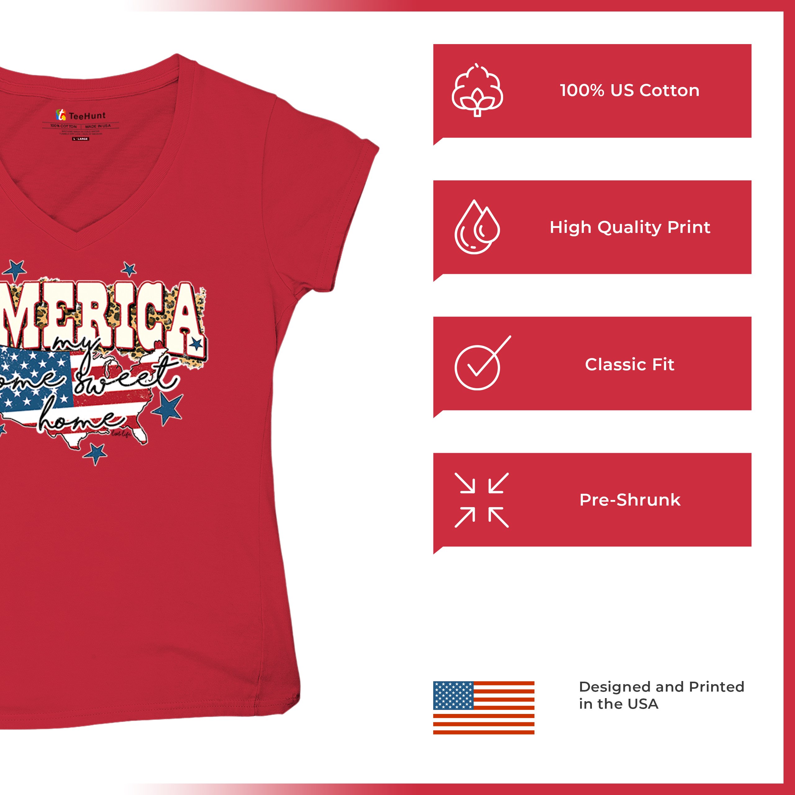 America My Home Sweet Home Women's V-Neck T-shirt 4th of July USA Patriot Tee - Picture 28 of 71