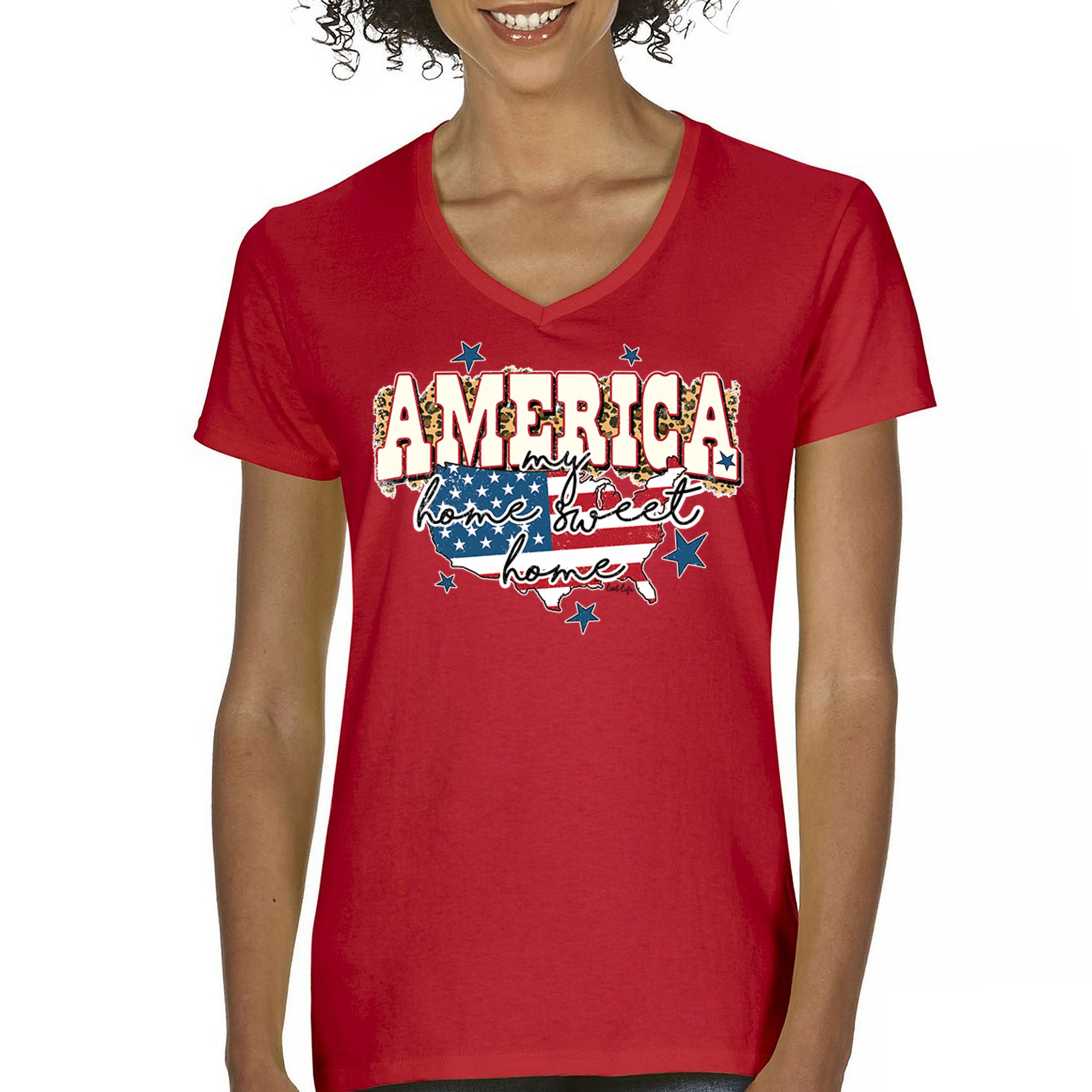 America My Home Sweet Home Women's V-Neck T-shirt 4th of July USA Patriot Tee - Picture 23 of 71