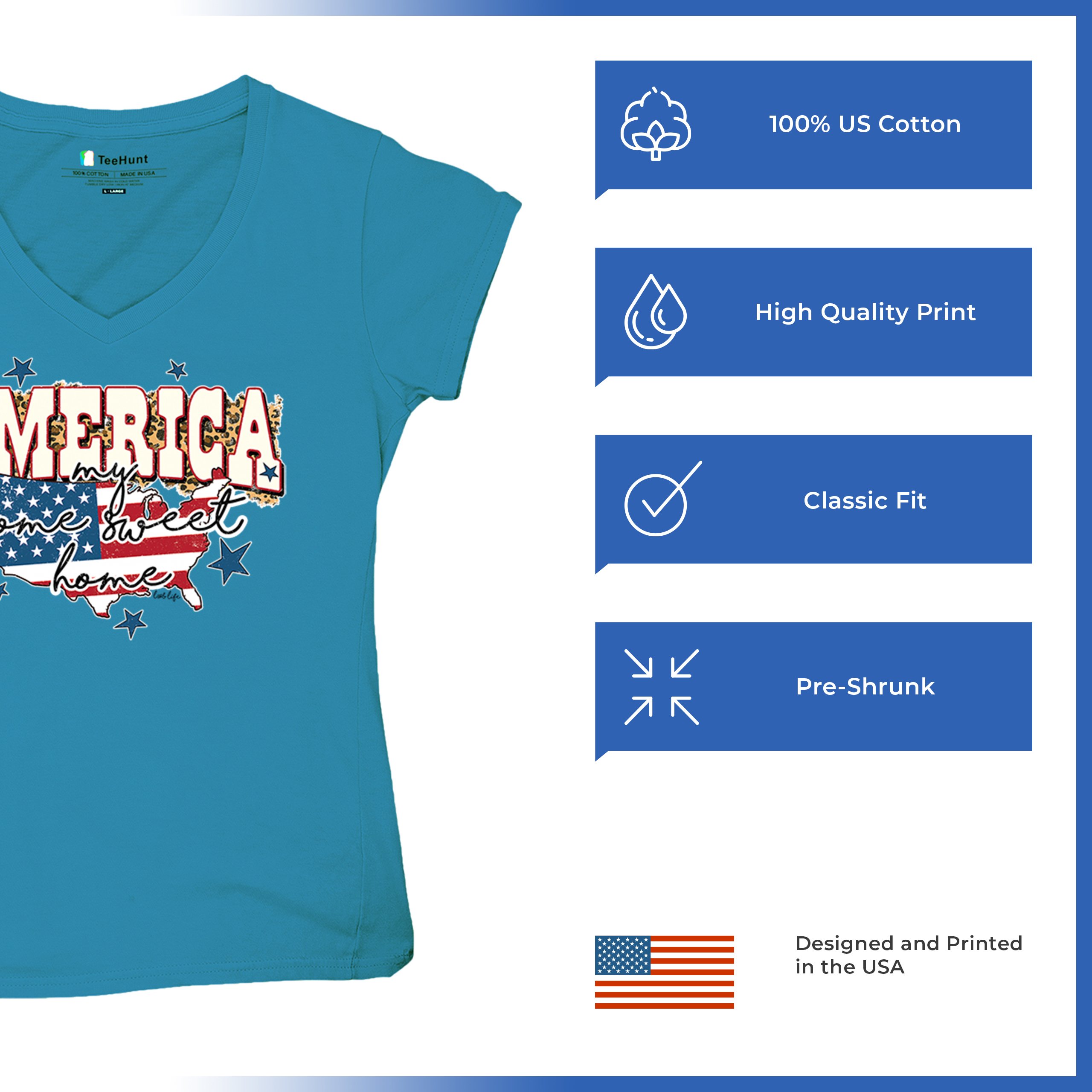 America My Home Sweet Home Women's V-Neck T-shirt 4th of July USA Patriot Tee - Picture 70 of 71