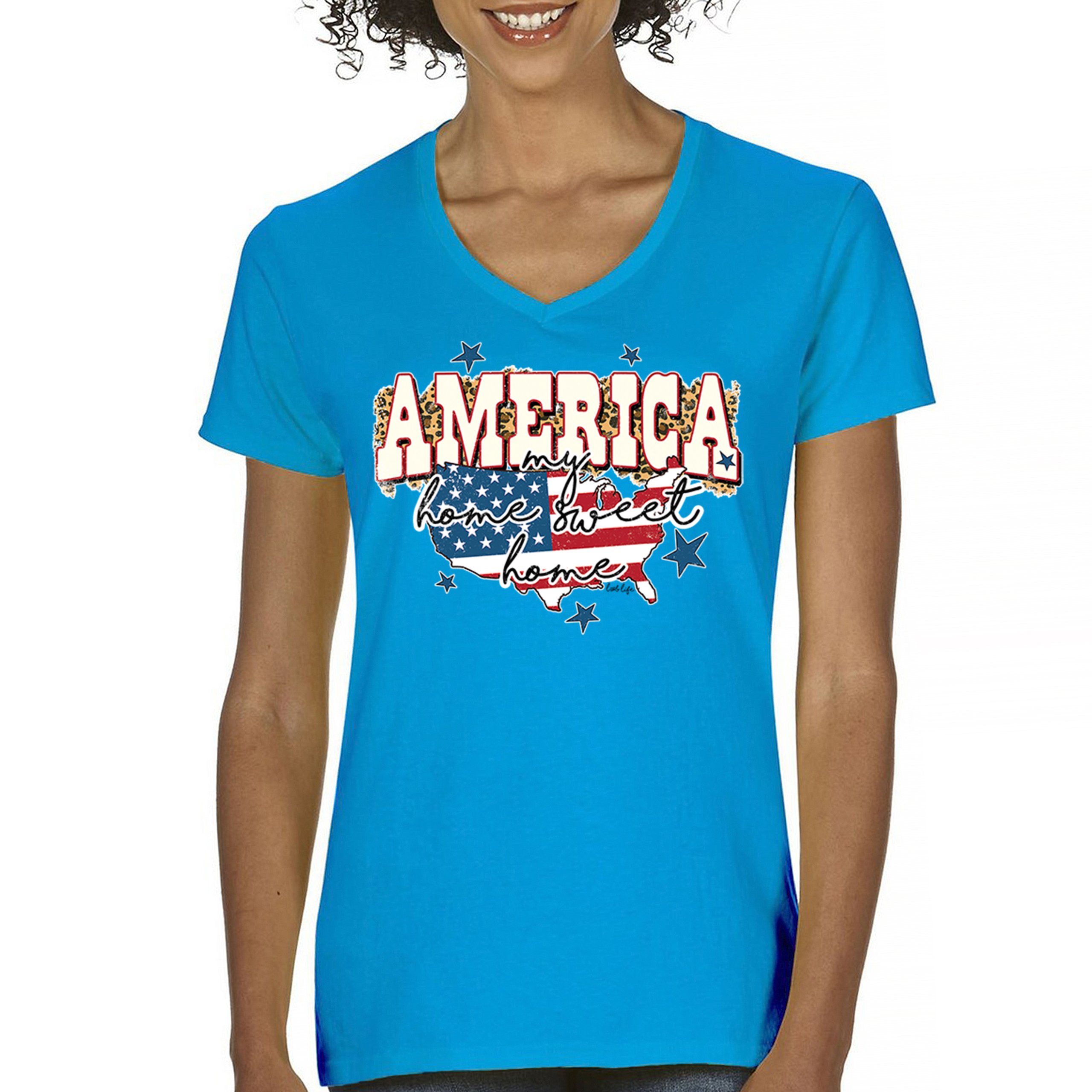 America My Home Sweet Home Women's V-Neck T-shirt 4th of July USA Patriot Tee - Picture 65 of 71