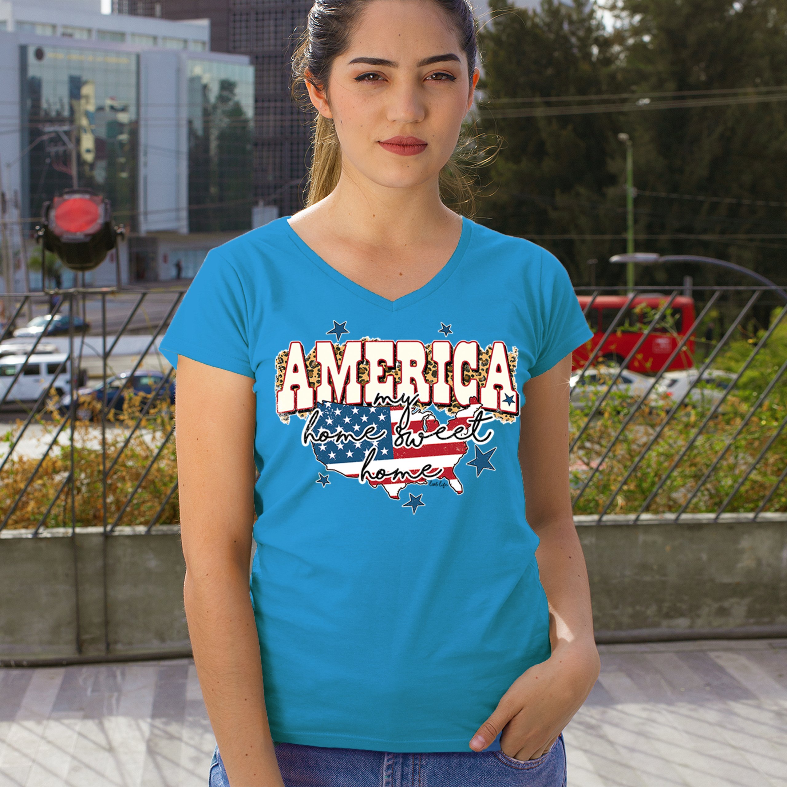 America My Home Sweet Home Women's V-Neck T-shirt 4th of July USA Patriot Tee - Picture 68 of 71
