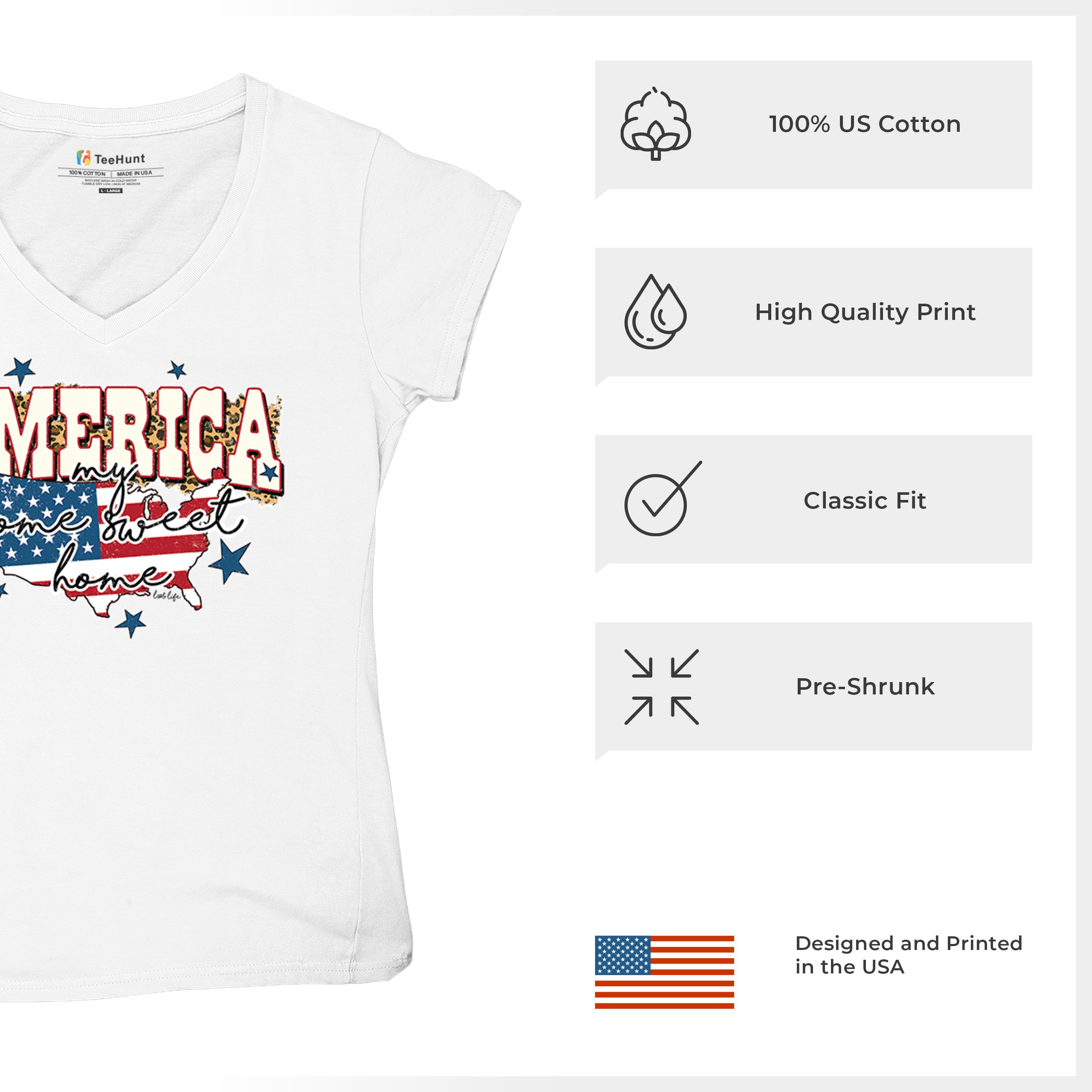 America My Home Sweet Home Women's V-Neck T-shirt 4th of July USA Patriot Tee - Picture 35 of 71