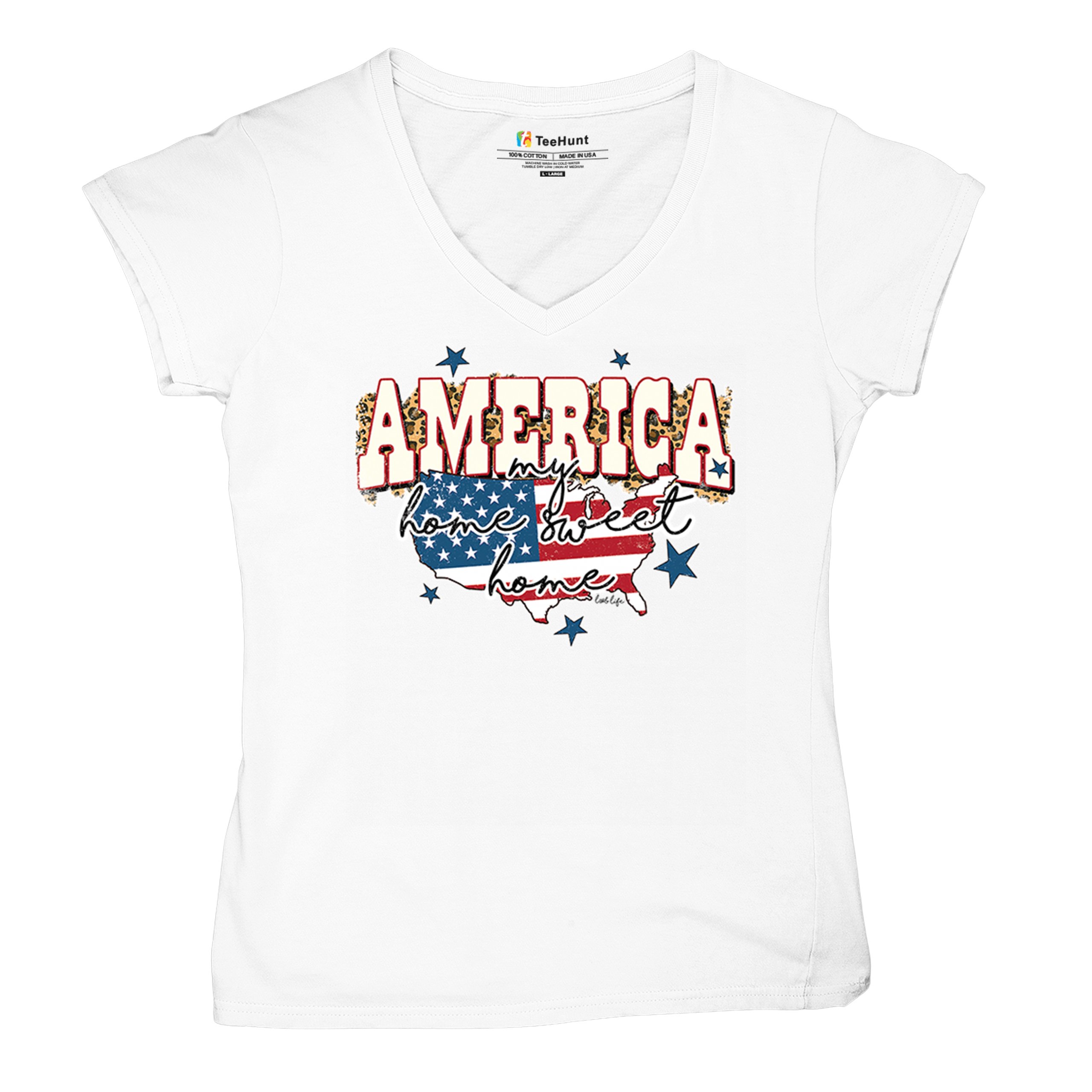 America My Home Sweet Home Women's V-Neck T-shirt 4th of July USA Patriot Tee - Picture 34 of 71
