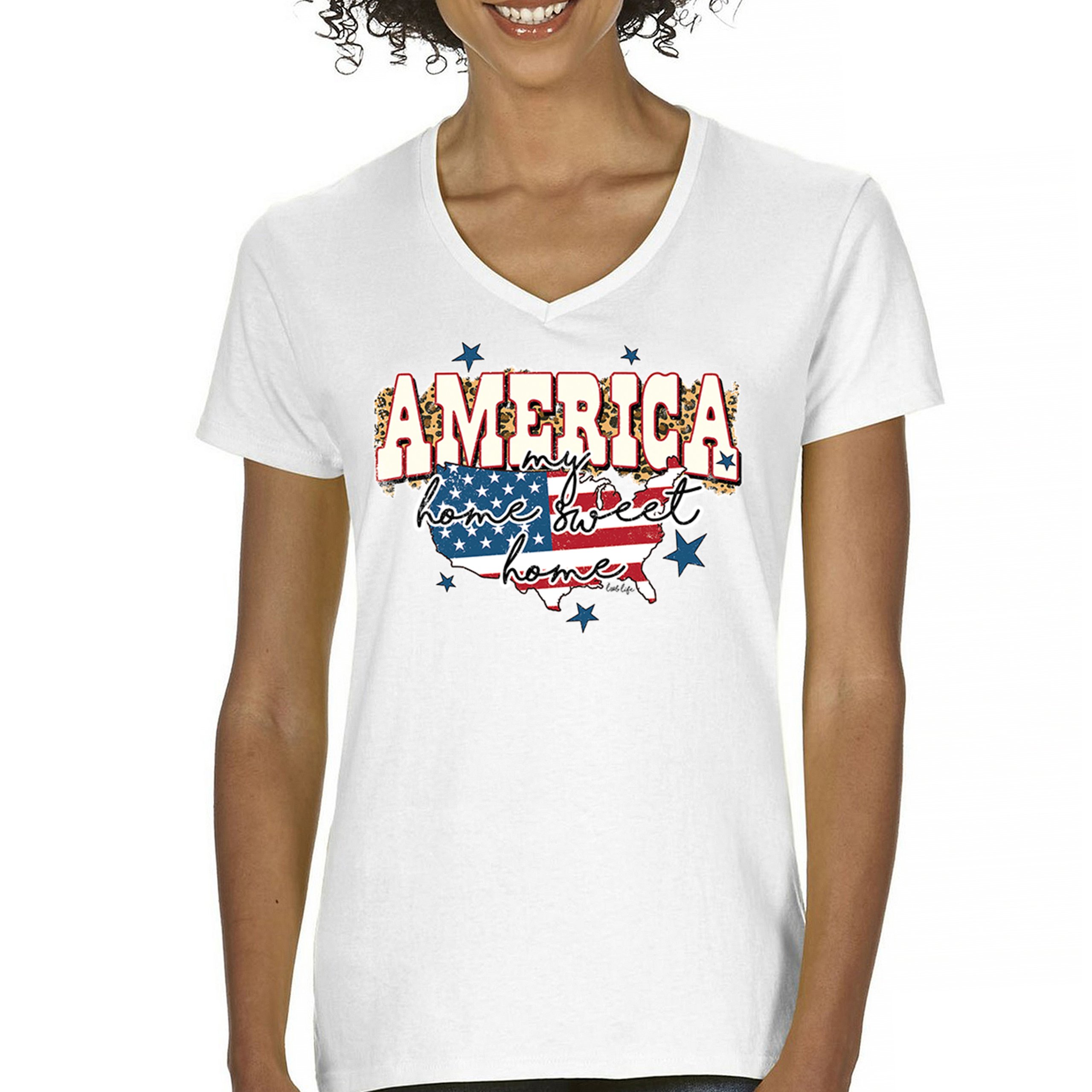 America My Home Sweet Home Women's V-Neck T-shirt 4th of July USA Patriot Tee - Picture 30 of 71