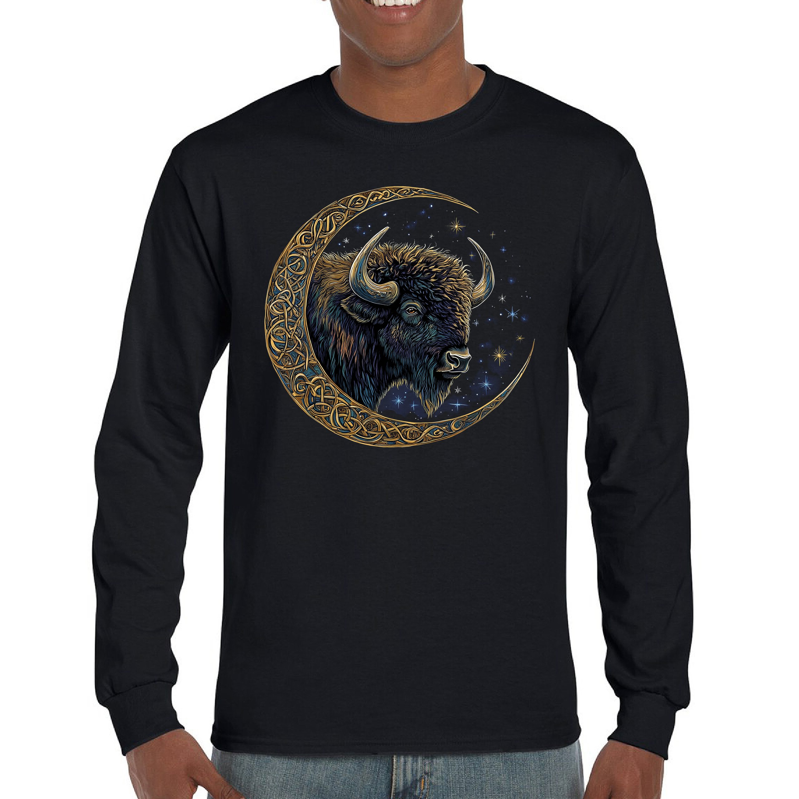 Camiseta Celta Luna Bisonte Manga Larga Bosque Místico Animal Vida Silvestre Celestial - Imagen 2 de 78
