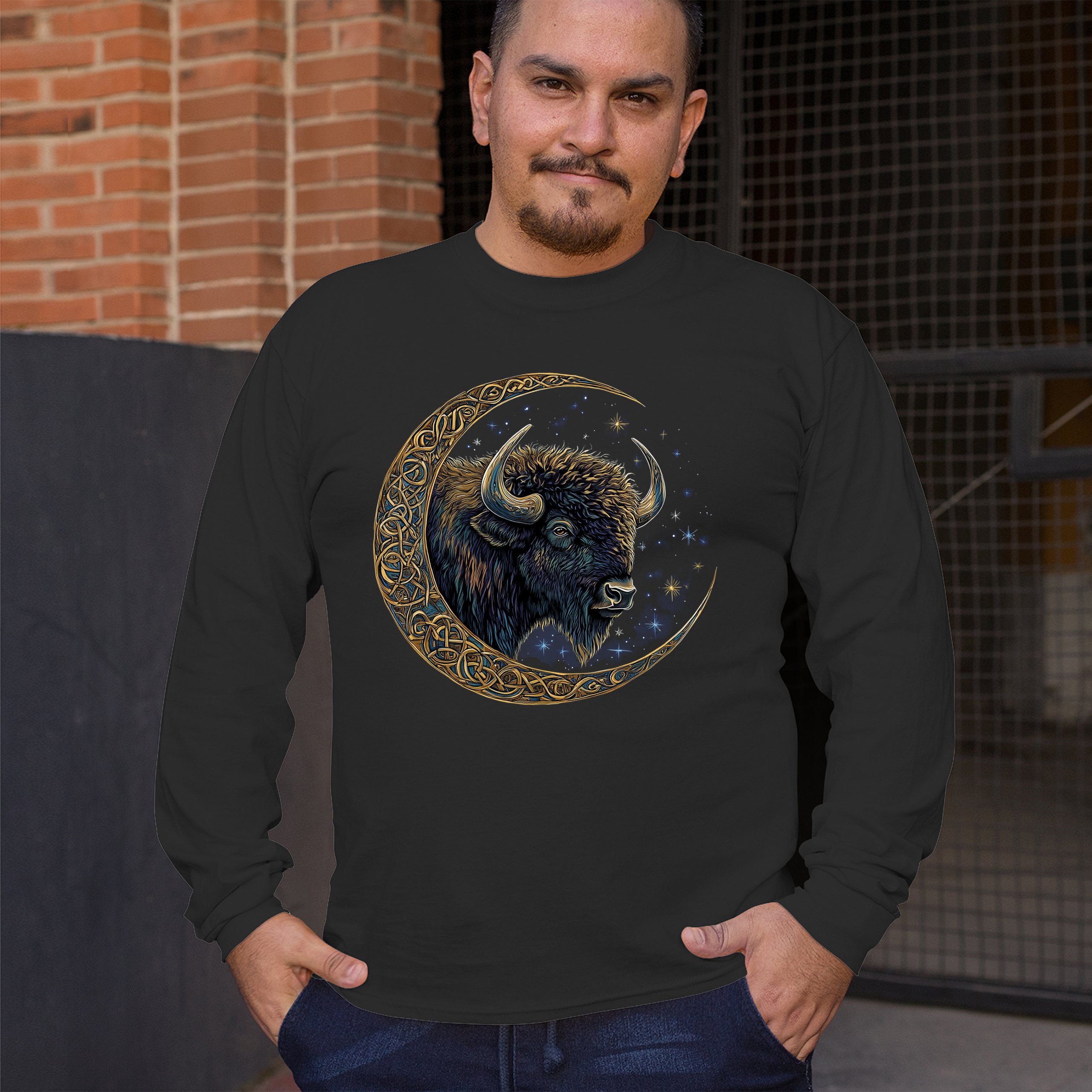 Camiseta Celta Luna Bisonte Manga Larga Bosque Místico Animal Vida Silvestre Celestial - Imagen 5 de 78