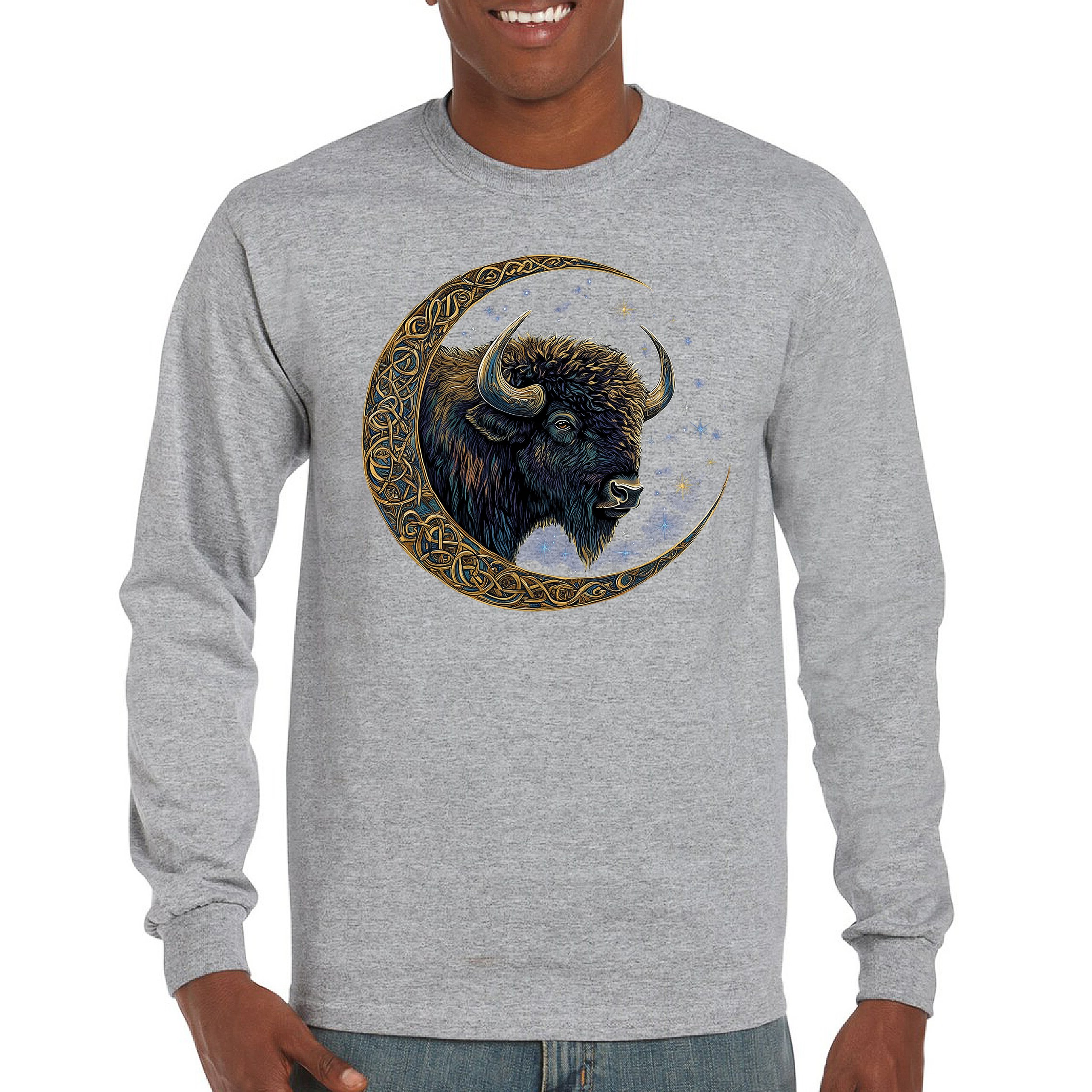 Camiseta Celta Luna Bisonte Manga Larga Bosque Místico Animal Vida Silvestre Celestial - Imagen 9 de 78